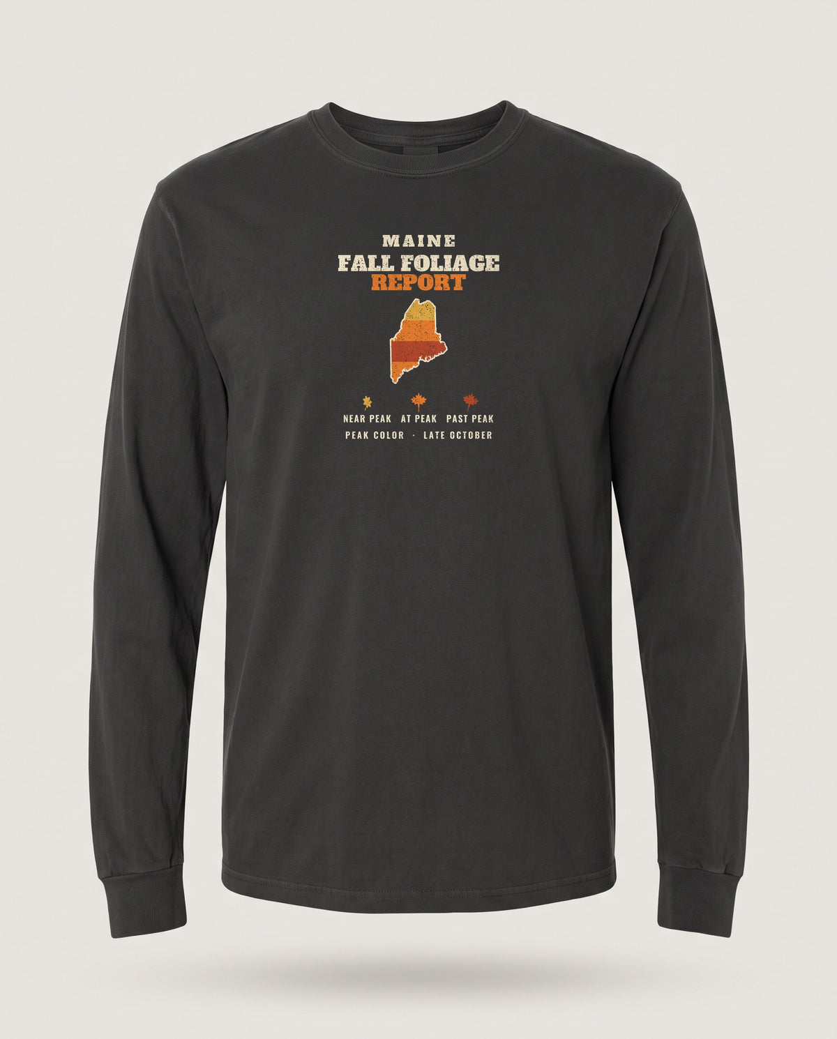 Maine Fall Foliage Report Map Long Sleeve Tee — Black (mockup)