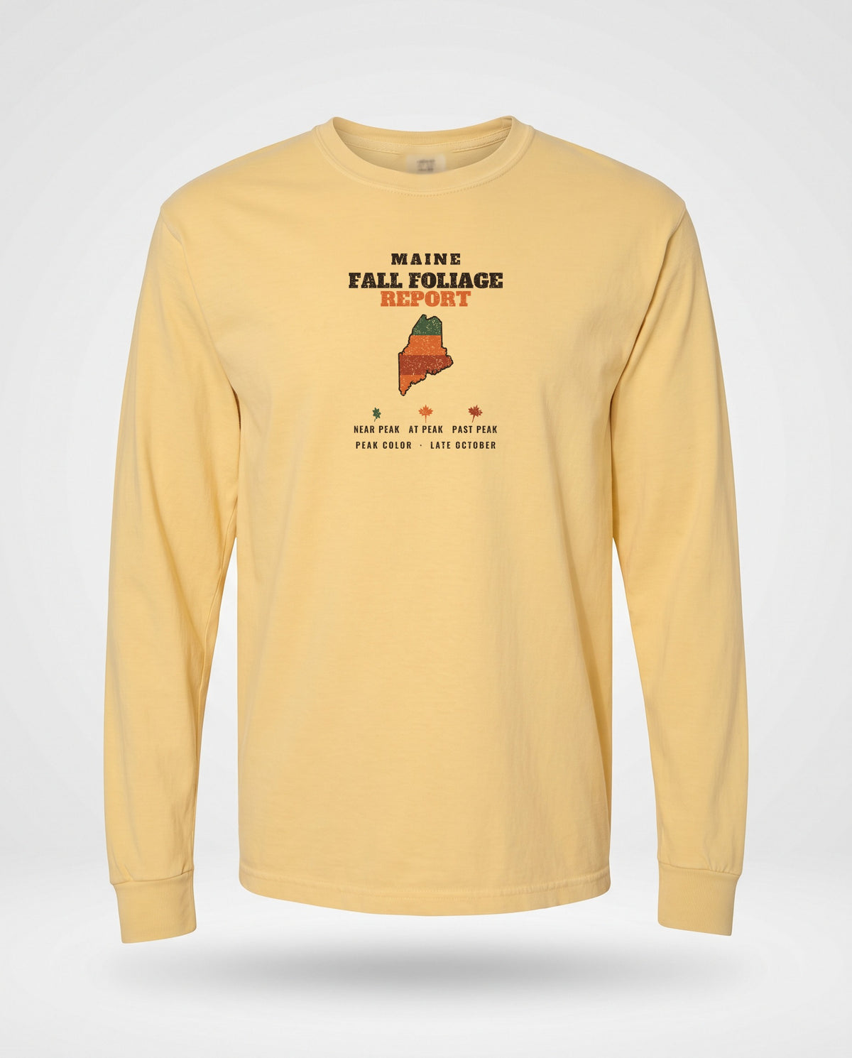 Maine Fall Foliage Report Map Long Sleeve Tee — Butter (mockup)