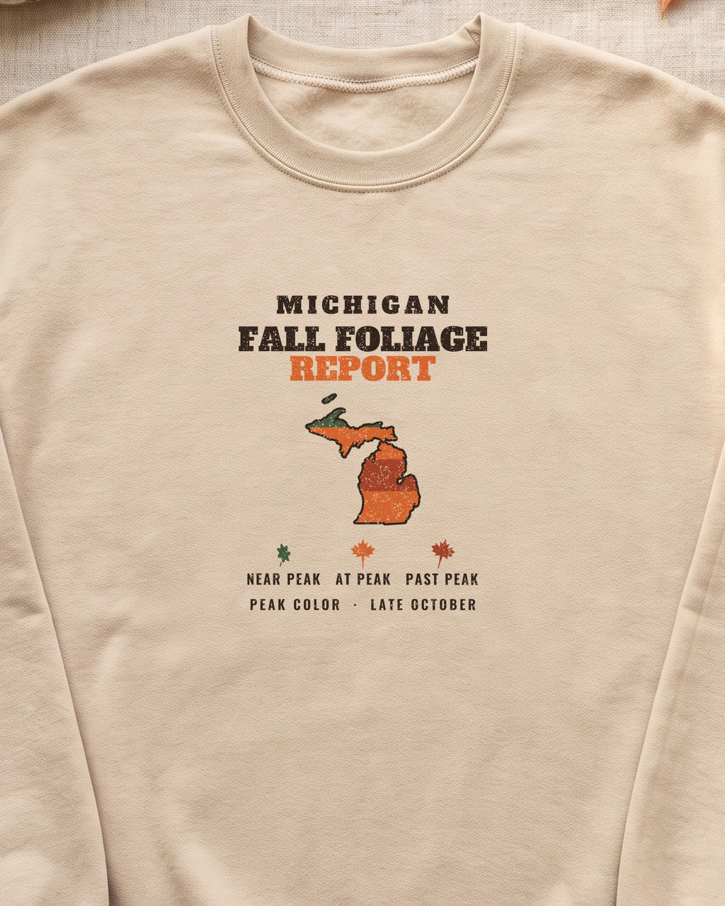 Michigan Fall Foliage Report Map Crewneck Sweatshirt (close-up)