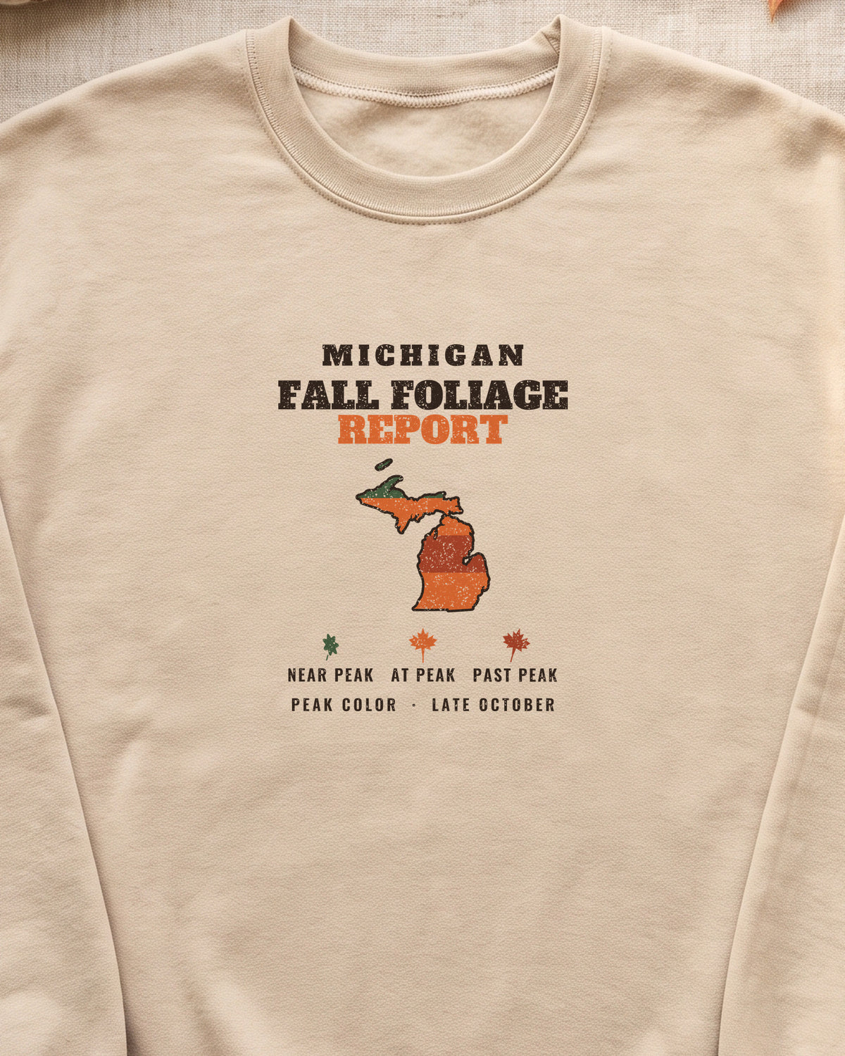 Michigan Fall Foliage Report Map Crewneck Sweatshirt (close-up)