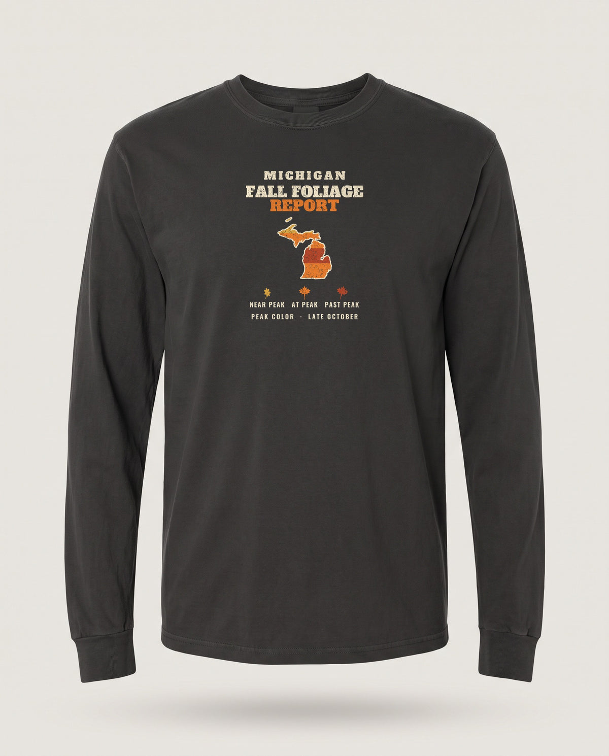 Michigan Fall Foliage Report Map Long Sleeve Tee — Black (mockup)