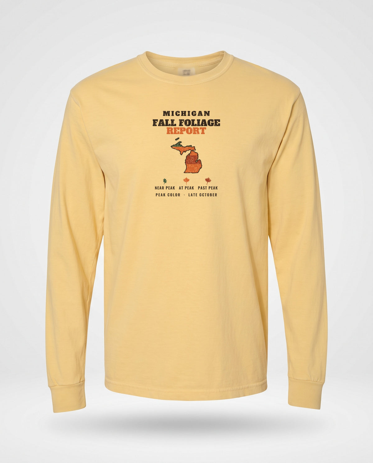 Michigan Fall Foliage Report Map Long Sleeve Tee — Butter (mockup)