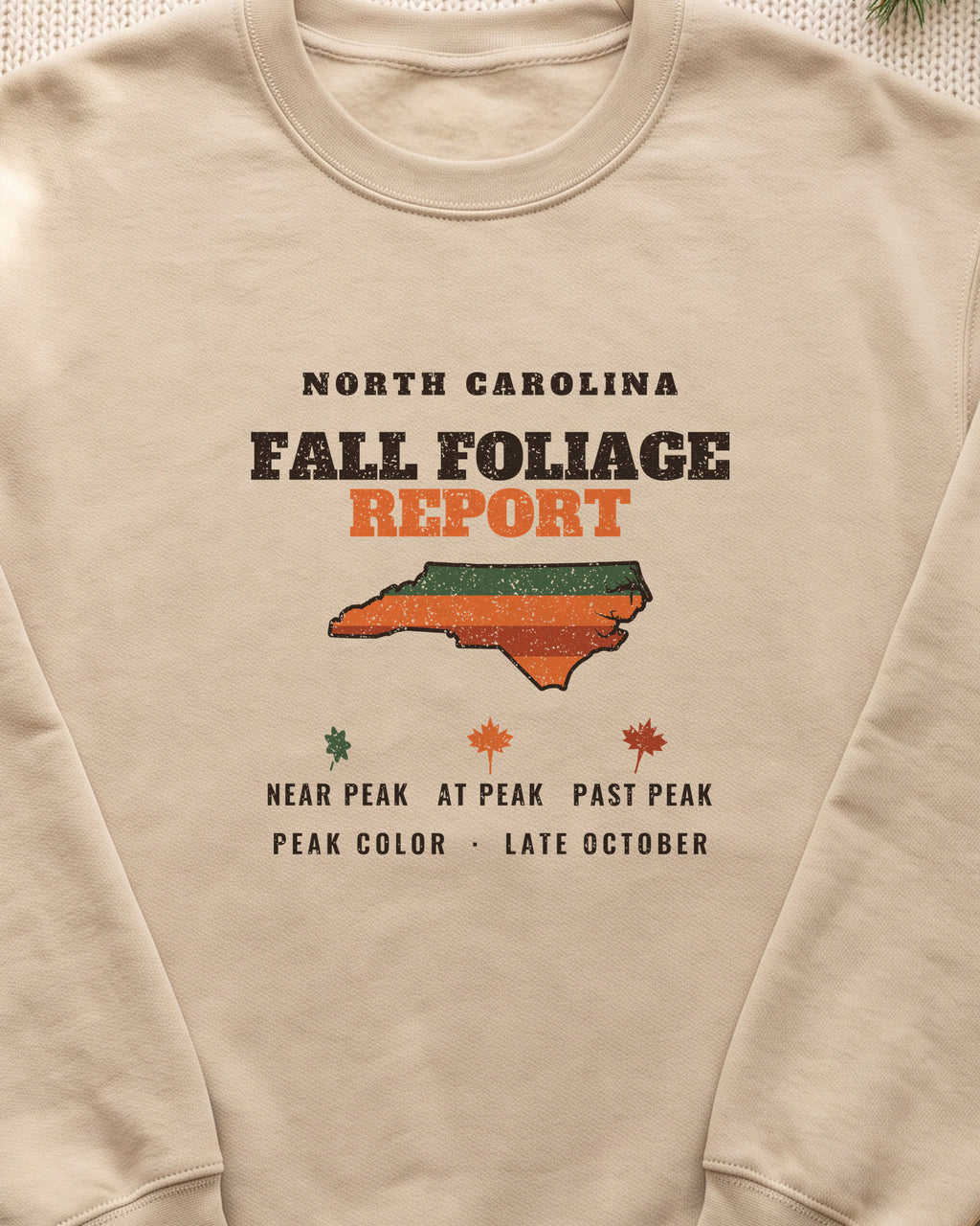 North Carolina Fall Foliage Report Map Crewneck Sweatshirt (close-up)