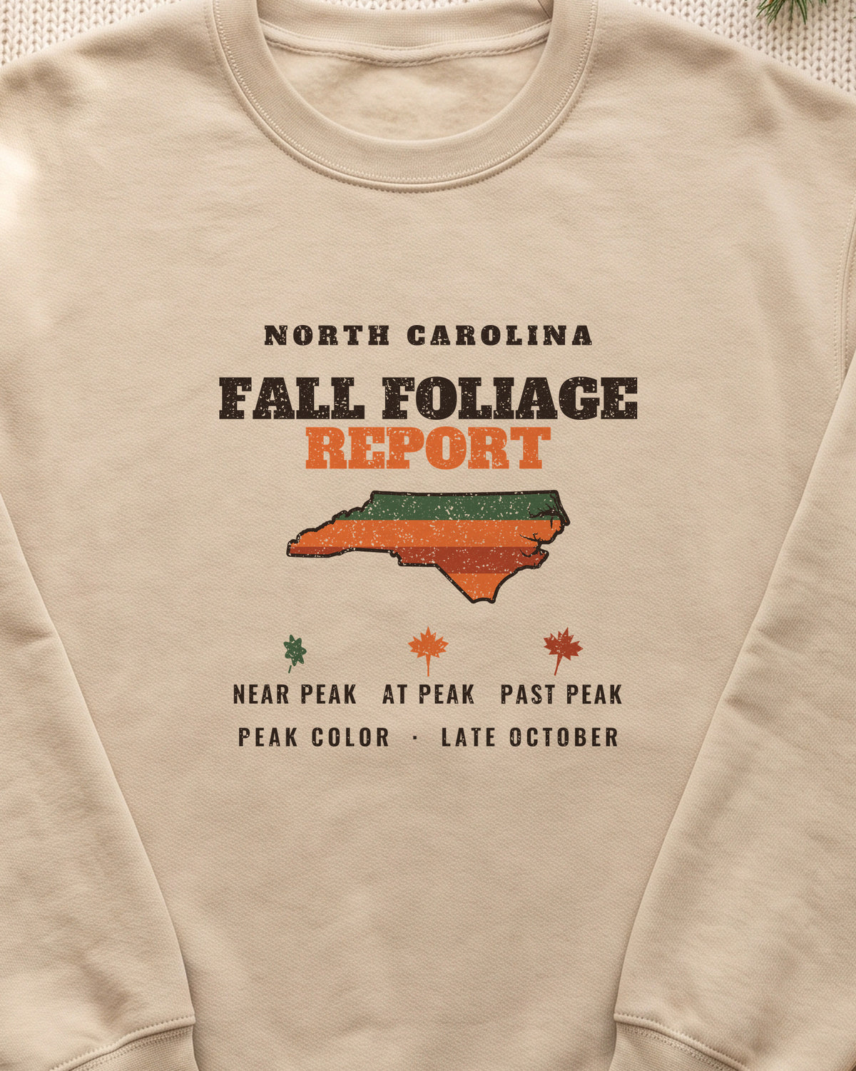 North Carolina Fall Foliage Report Map Crewneck Sweatshirt (close-up)