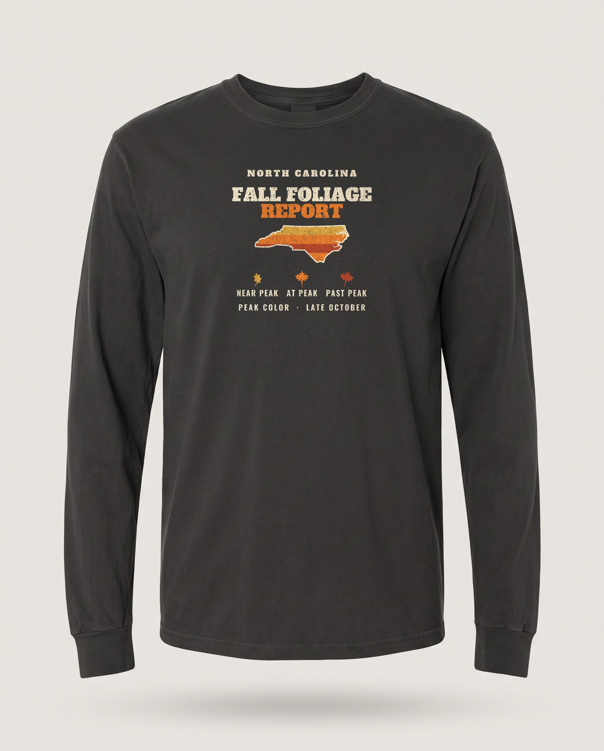 North Carolina Fall Foliage Report Map Long Sleeve Tee — Black (mockup)