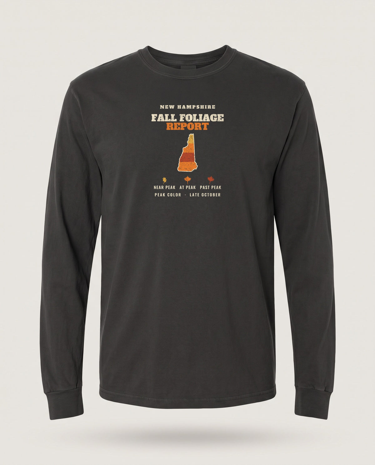 New Hampshire Fall Foliage Report Map Long Sleeve Tee — Black (mockup)