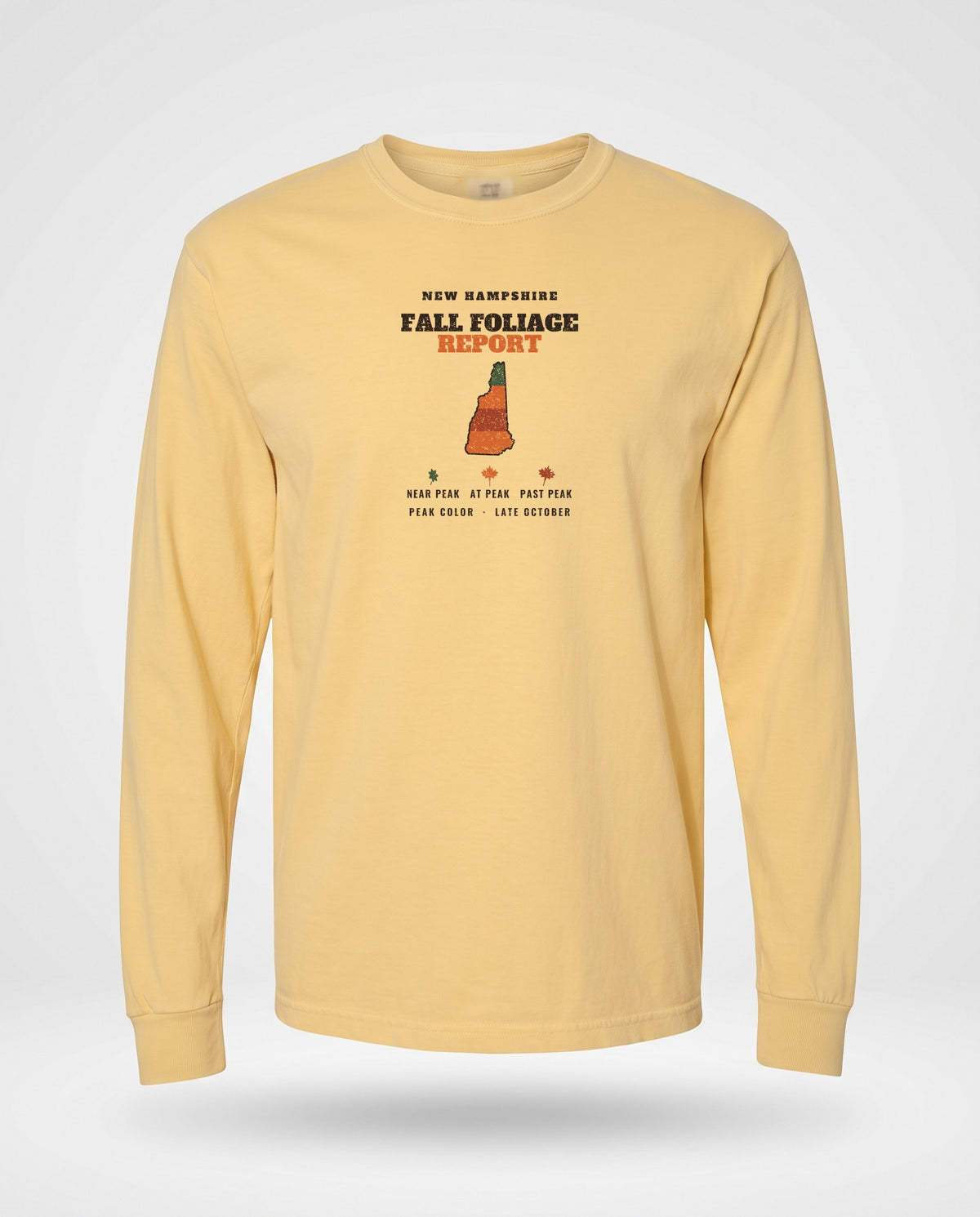 New Hampshire Fall Foliage Report Map Long Sleeve Tee — Butter (mockup)