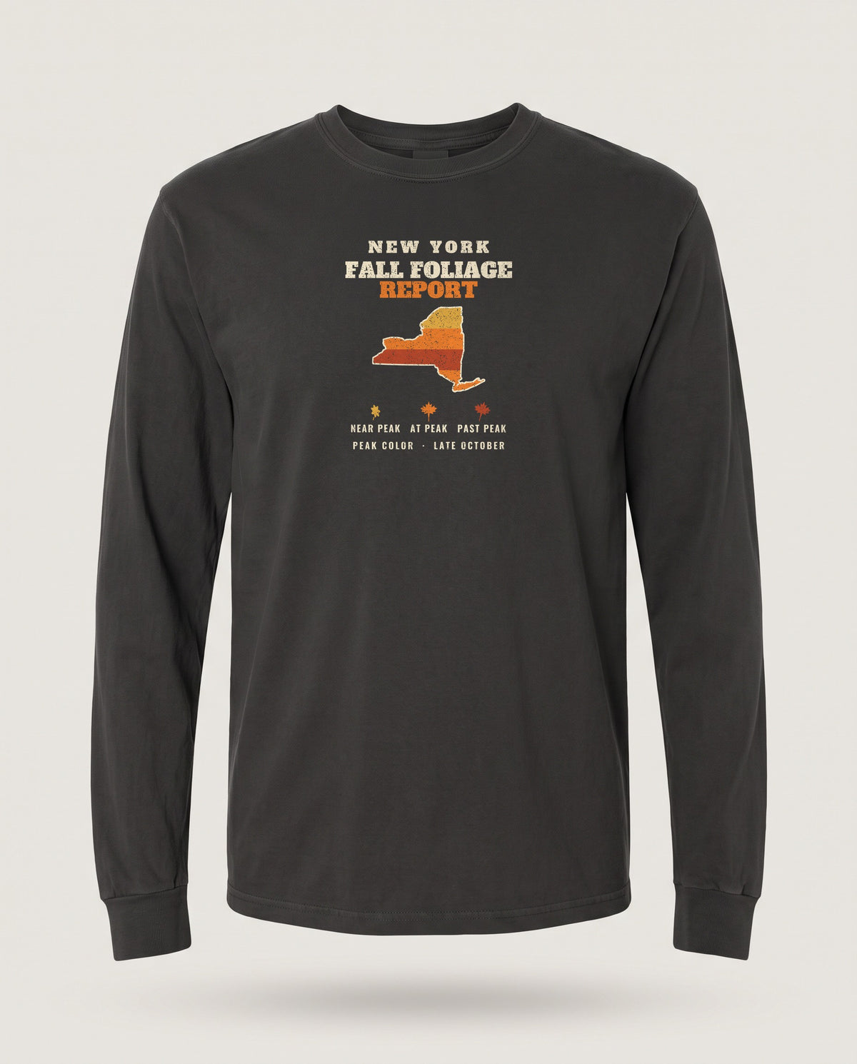 New York Fall Foliage Report Map Long Sleeve Tee — Black (mockup)