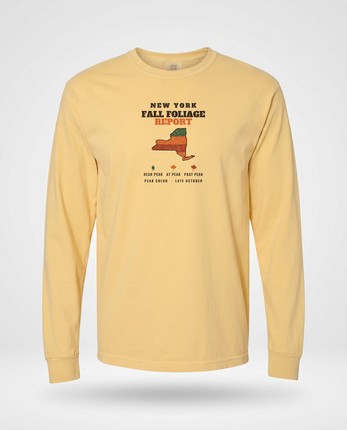 New York Fall Foliage Report Map Long Sleeve Tee — Butter (mockup)
