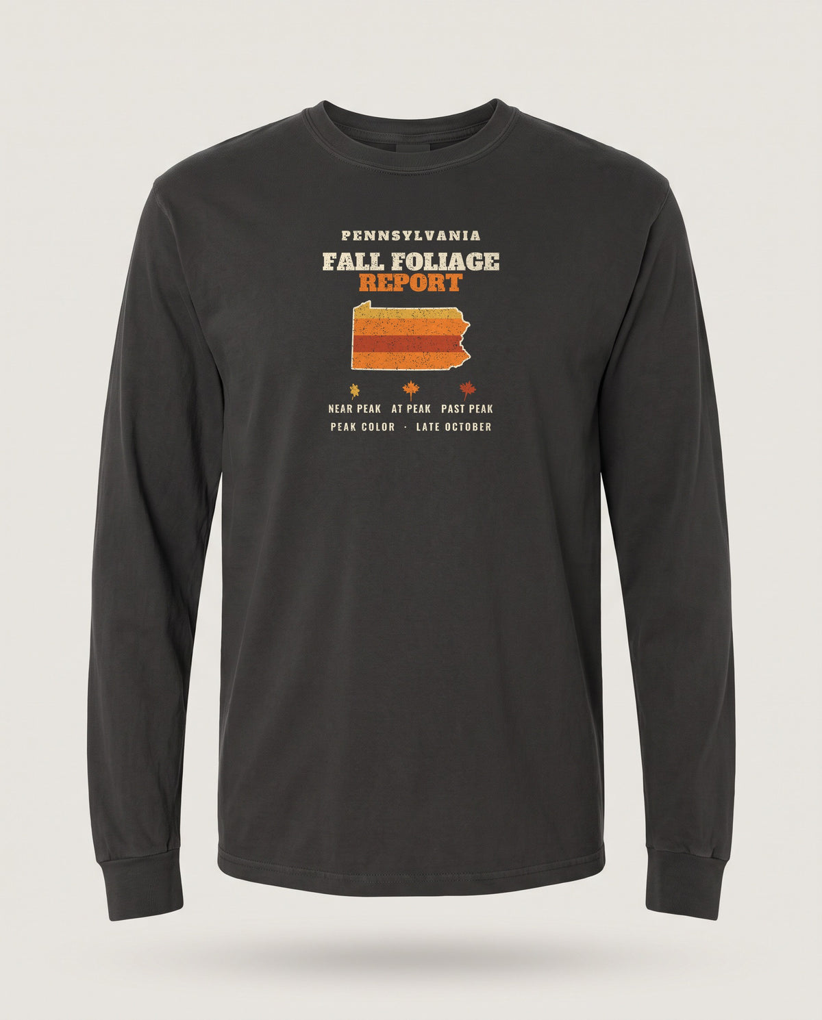 Pennsylvania Fall Foliage Report Map Long Sleeve Tee — Black (mockup)