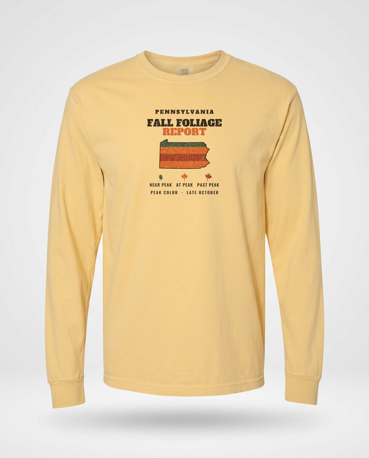 Pennsylvania Fall Foliage Report Map Long Sleeve Tee — Butter (mockup)
