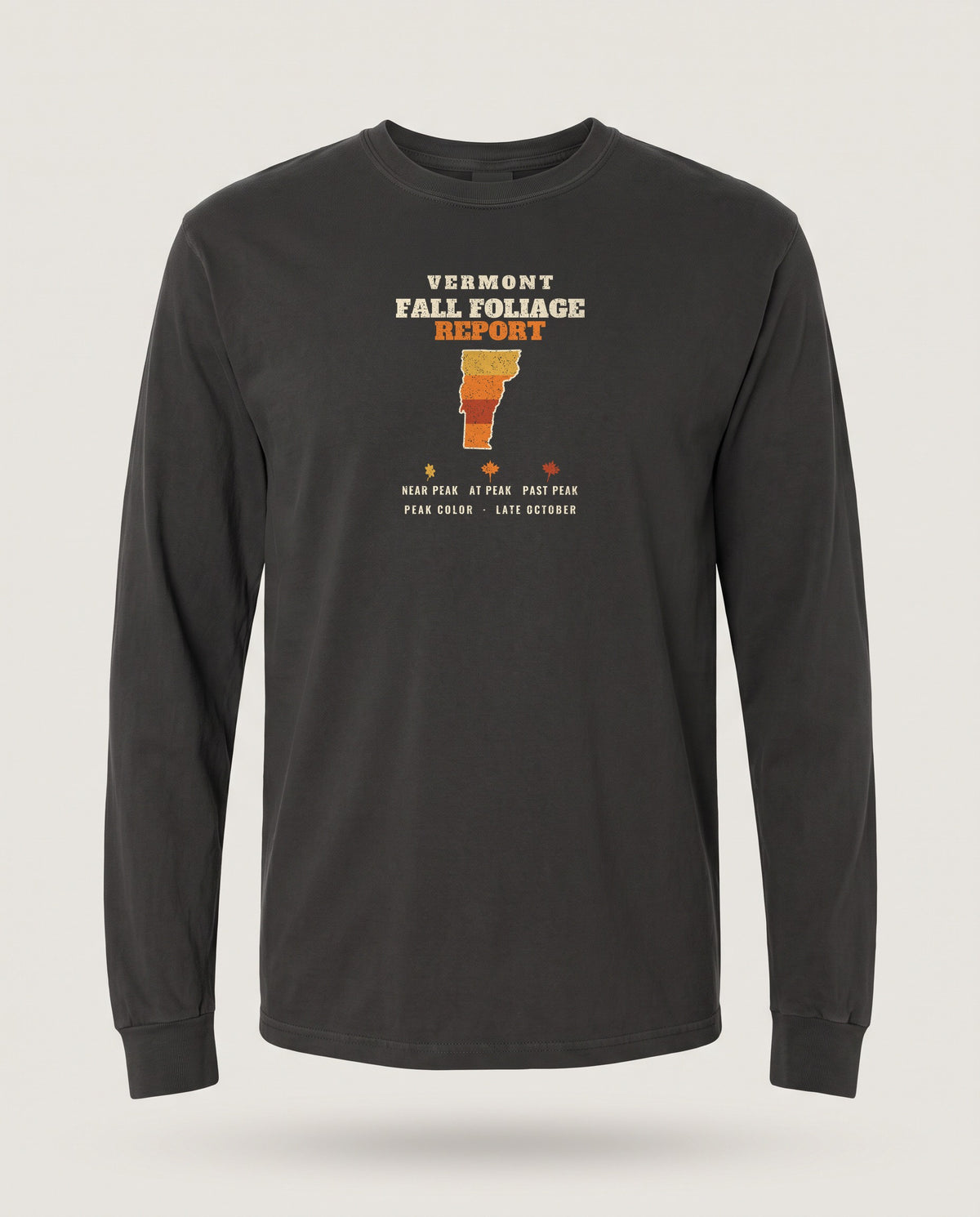 Vermont Fall Foliage Report Map Long Sleeve Tee — Black (mockup)