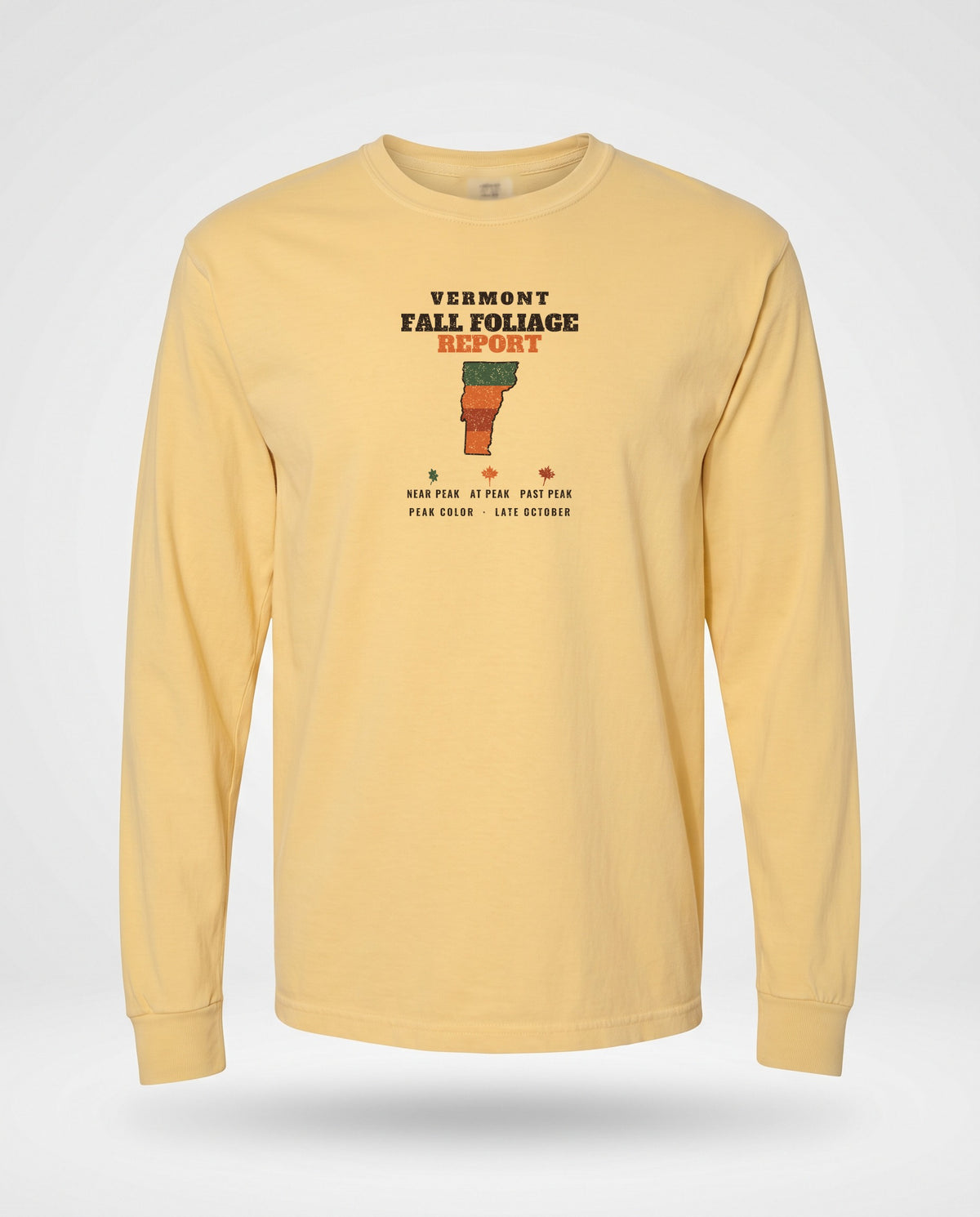 Vermont Fall Foliage Report Map Long Sleeve Tee — Butter (mockup)