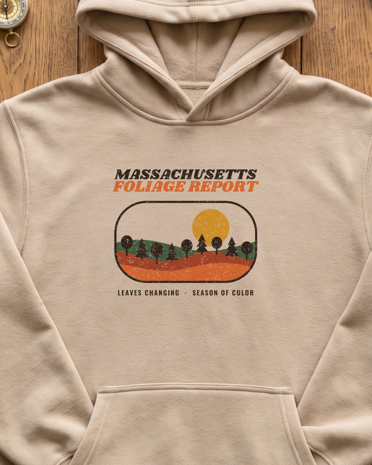 Massachusetts Foliage Report Retro Landscape Hoodie (close-up)