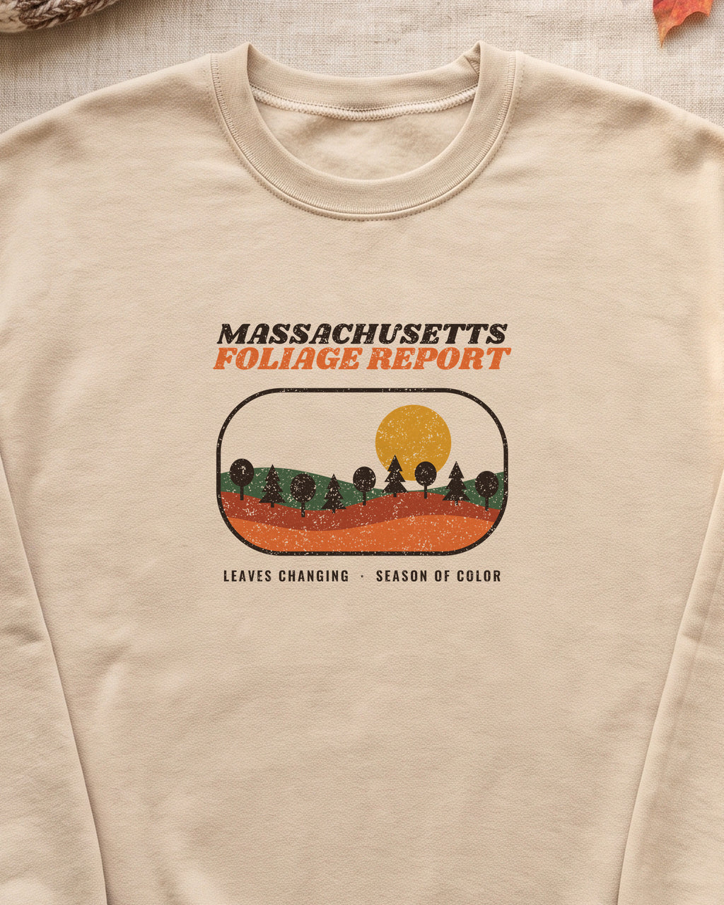 Massachusetts Foliage Report Retro Landscape Crewneck Sweatshirt (close-up)
