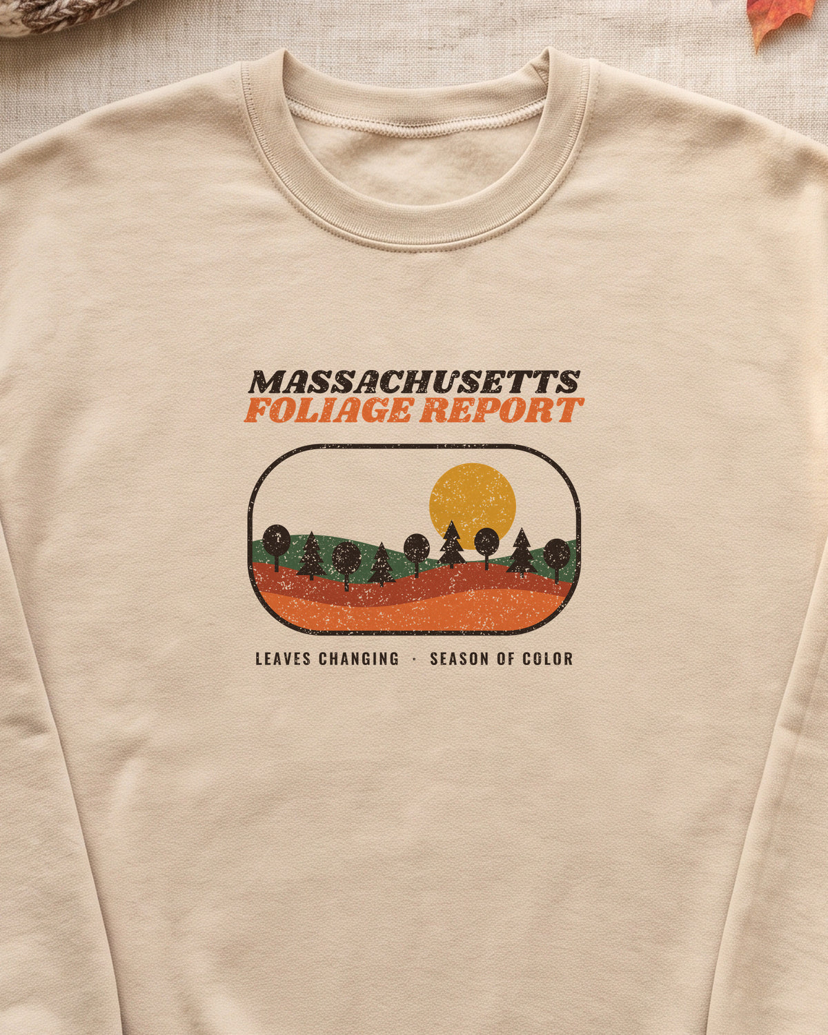 Massachusetts Foliage Report Retro Landscape Crewneck Sweatshirt (close-up)