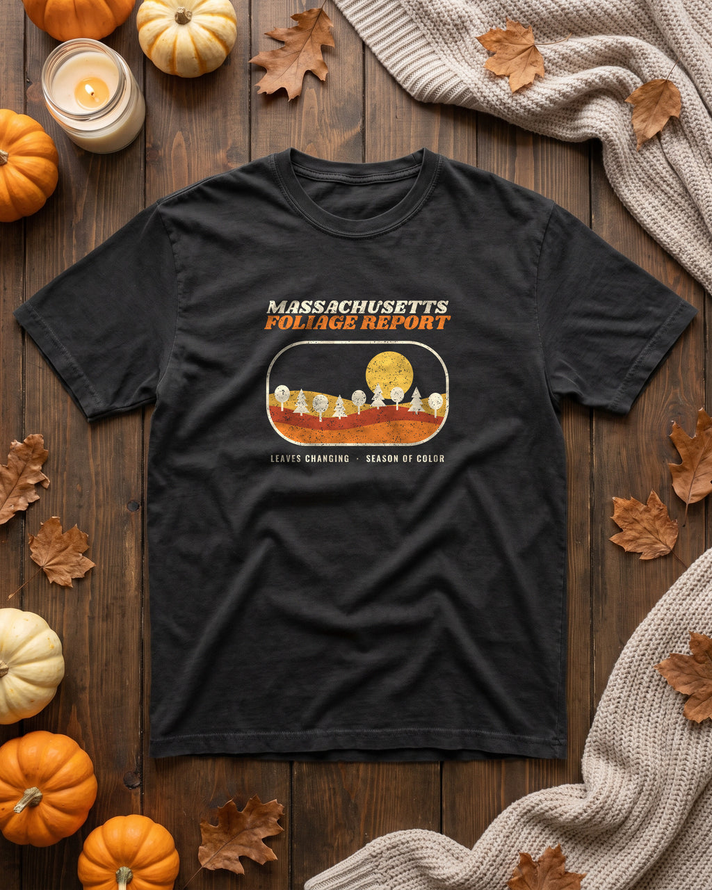 Massachusetts Foliage Report Retro Landscape T-Shirt (photo)