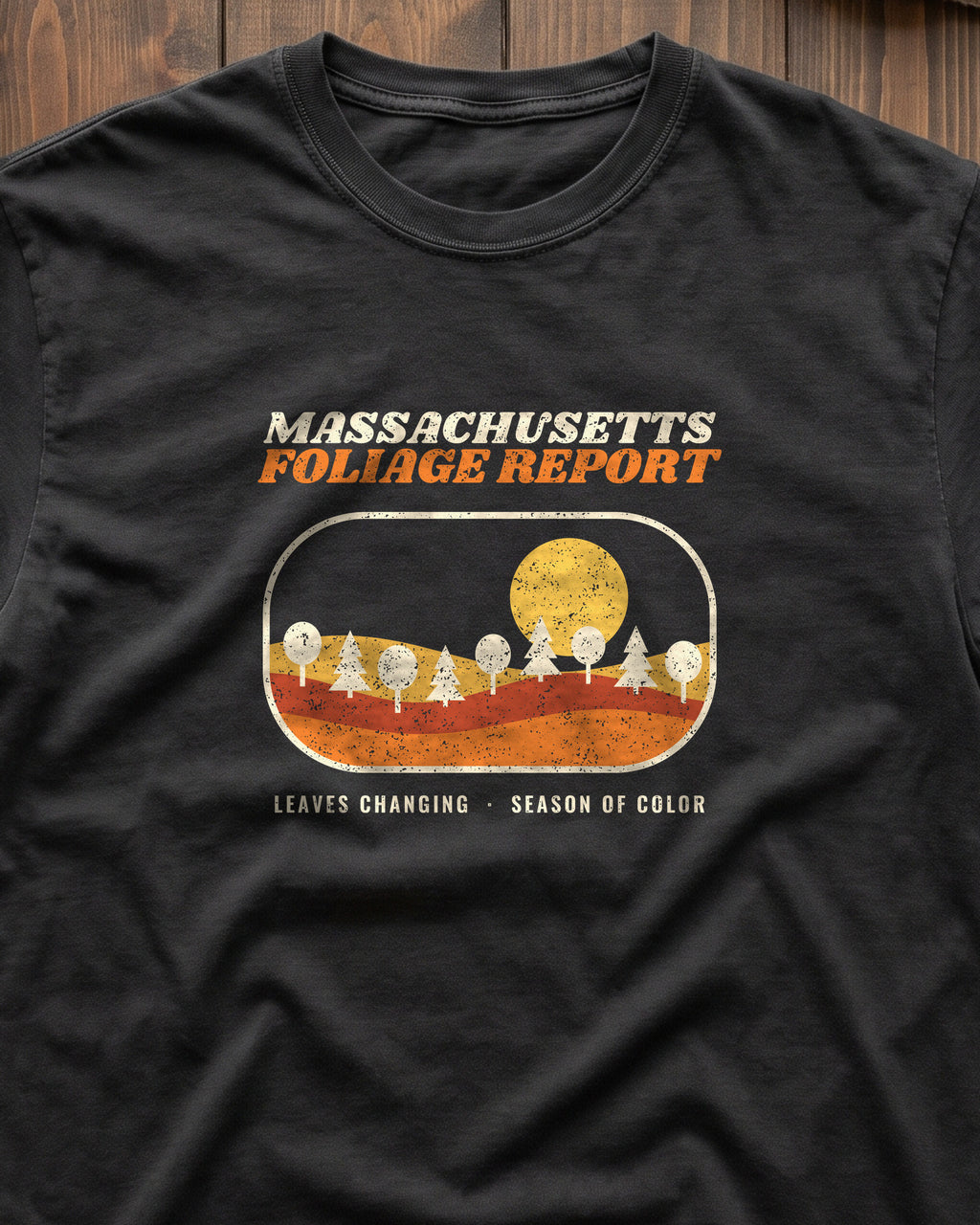 Massachusetts Foliage Report Retro Landscape T-Shirt (close-up)