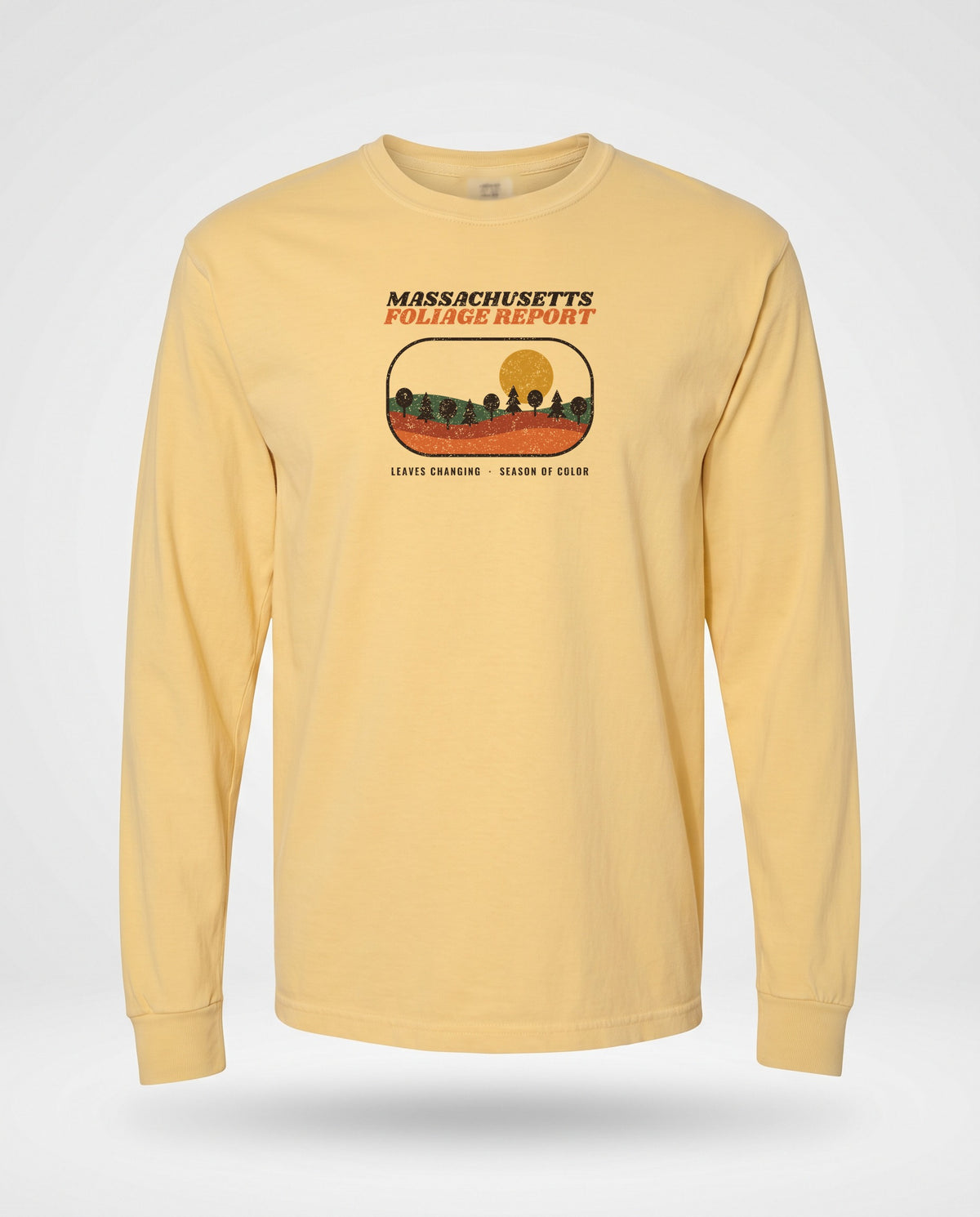 Massachusetts Foliage Report Retro Landscape Long Sleeve Tee — Butter (mockup)