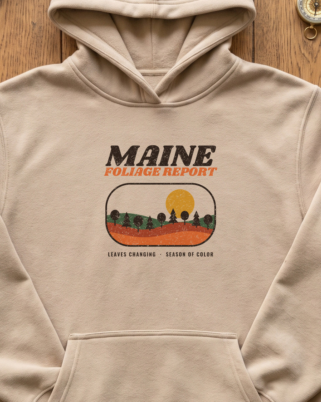 Maine Foliage Report Retro Landscape Hoodie (close-up)
