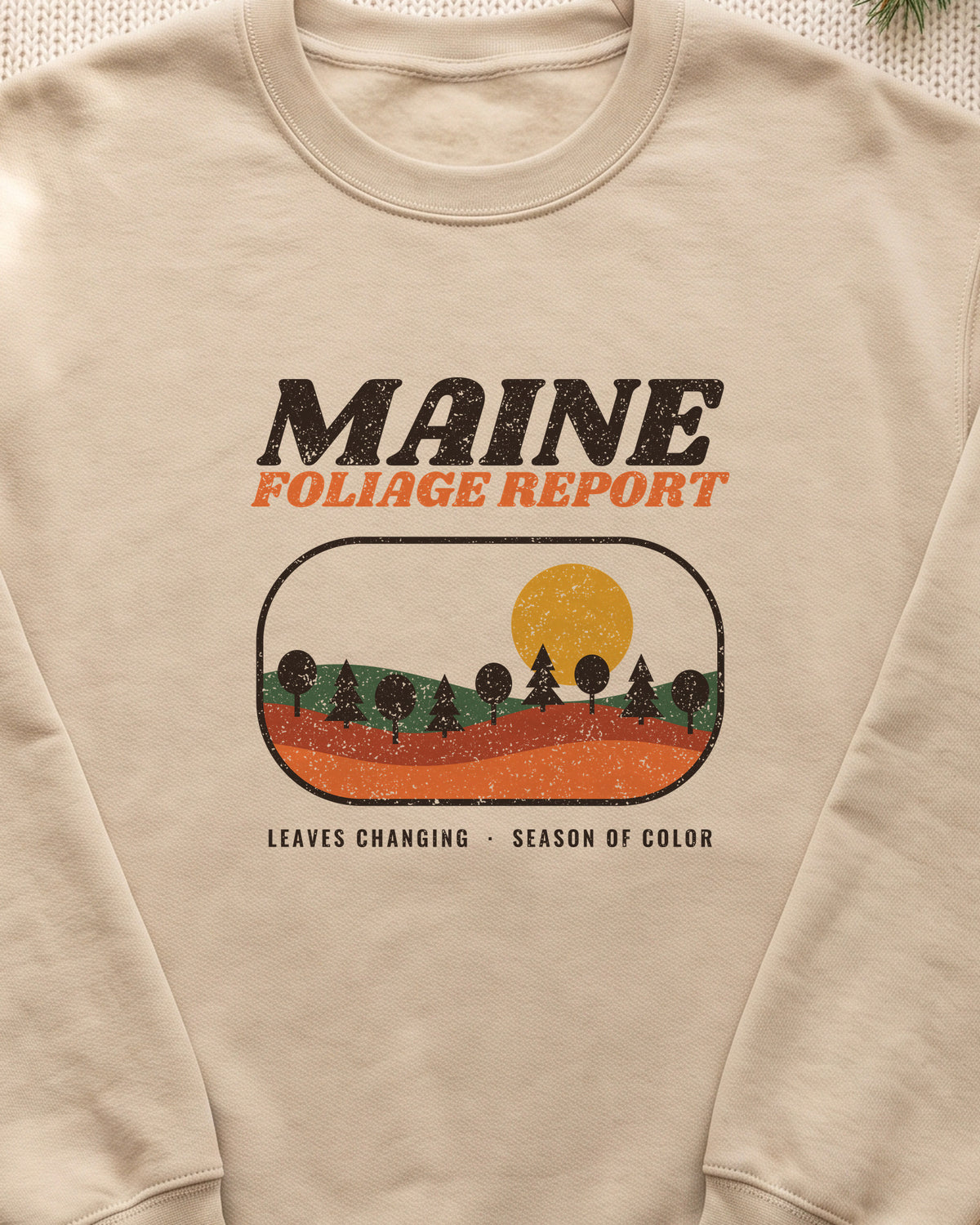 Maine Foliage Report Retro Landscape Crewneck Sweatshirt (close-up)