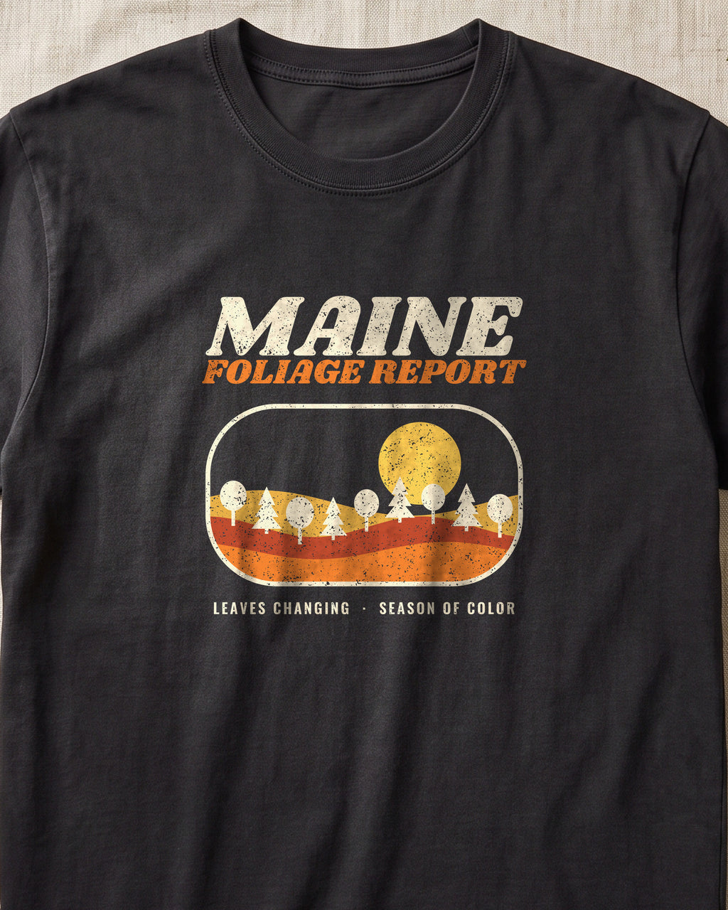 Maine Foliage Report Retro Landscape T-Shirt (close-up)