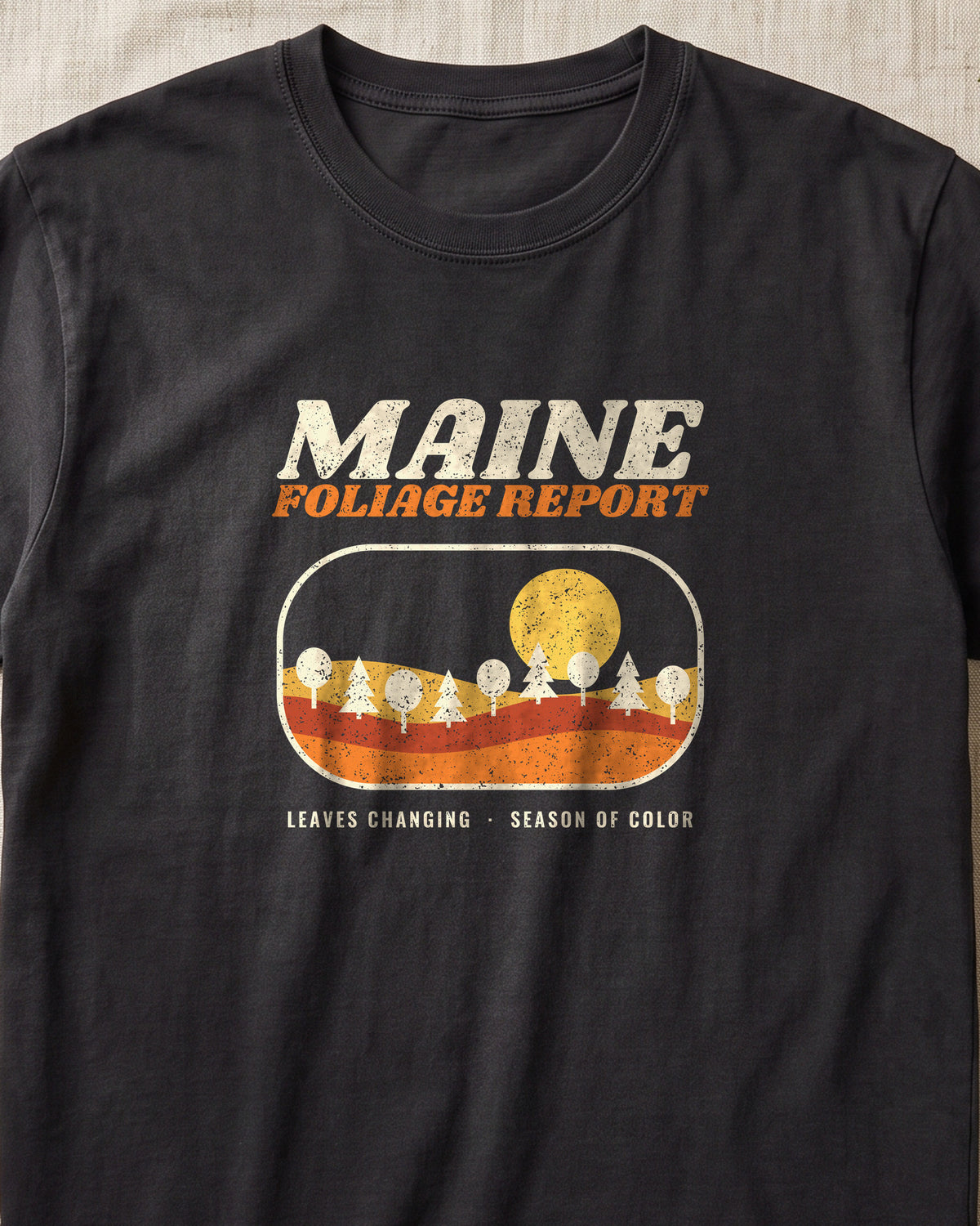 Maine Foliage Report Retro Landscape T-Shirt (close-up)