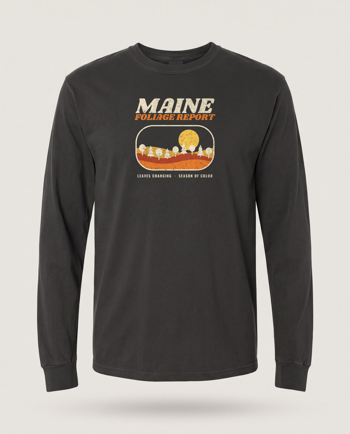 Maine Foliage Report Retro Landscape Long Sleeve Tee — Black (mockup)