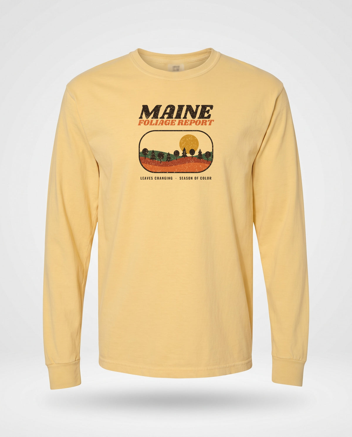 Maine Foliage Report Retro Landscape Long Sleeve Tee — Butter (mockup)