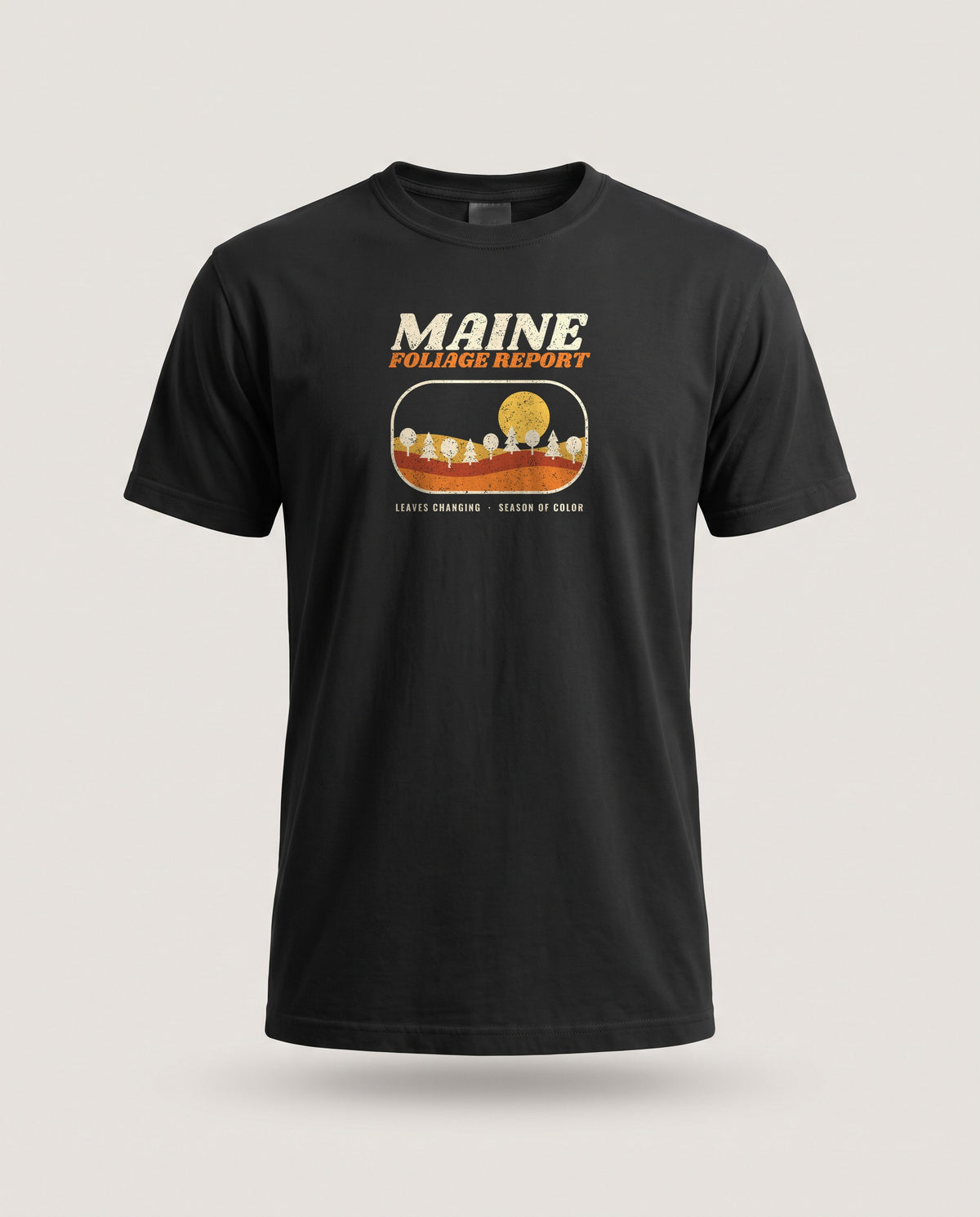 Maine Foliage Report Retro Landscape T-Shirt — Black (mockup)