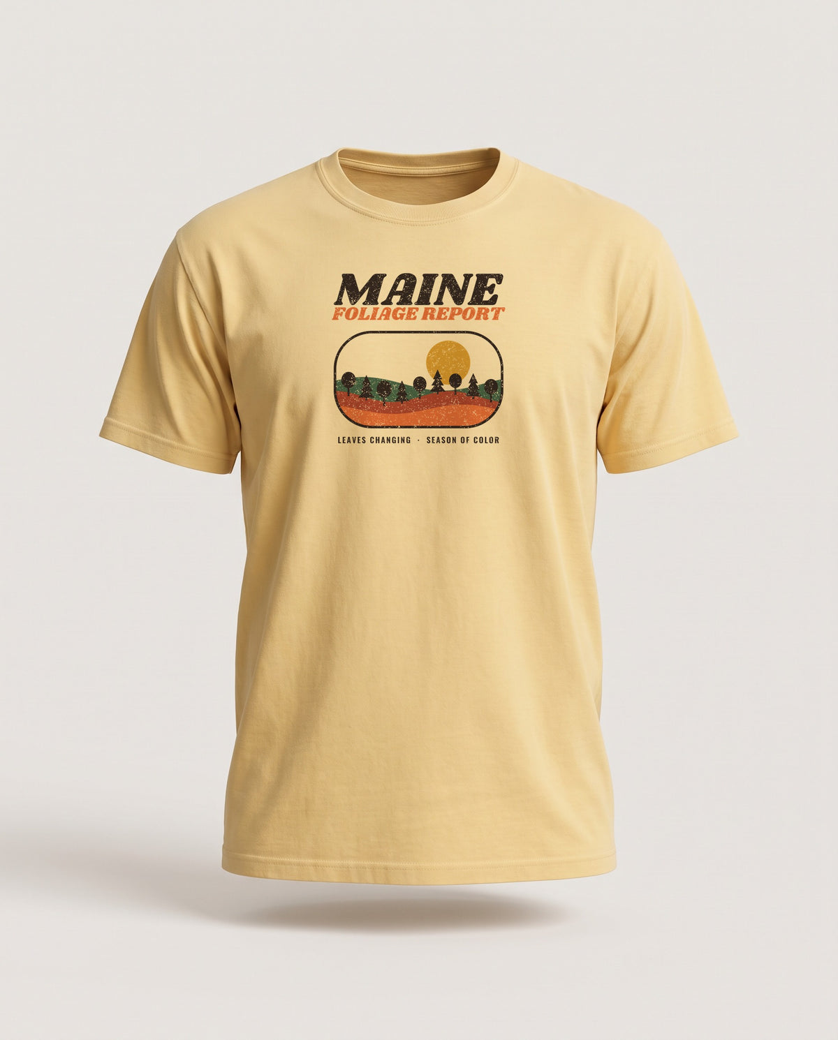 Maine Foliage Report Retro Landscape T-Shirt — Butter (mockup)