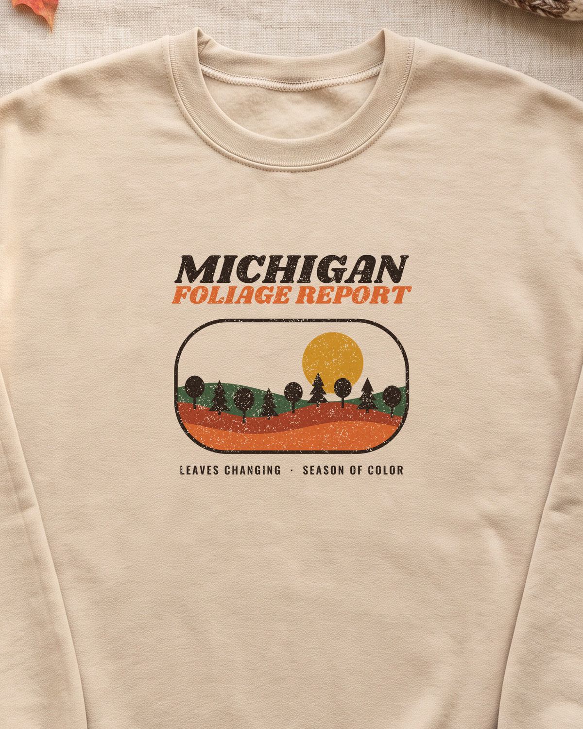 Michigan Foliage Report Retro Landscape Crewneck Sweatshirt (close-up)