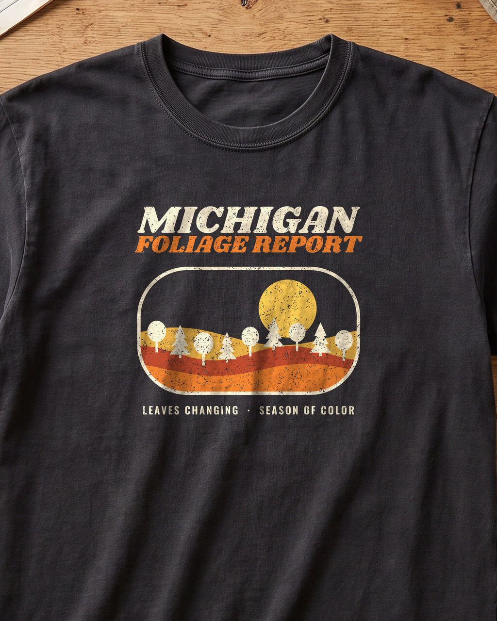 Michigan Foliage Report Retro Landscape T-Shirt (close-up)
