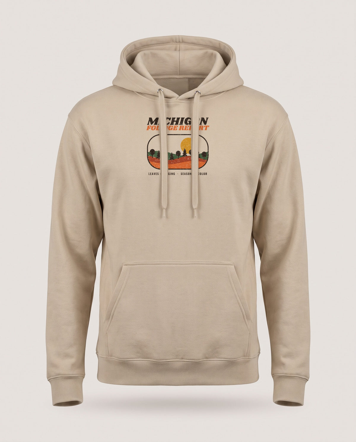 Michigan Foliage Report Retro Landscape Hoodie — Sand (mockup)