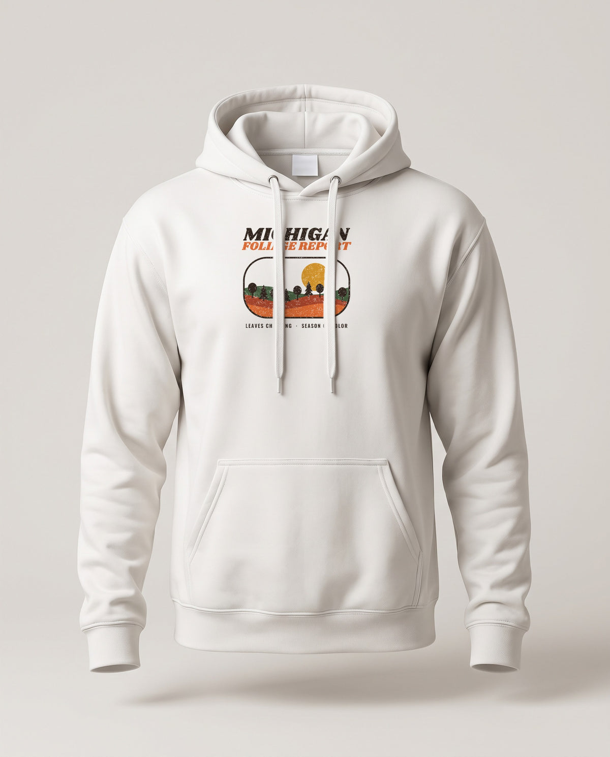 Michigan Foliage Report Retro Landscape Hoodie — White (mockup)