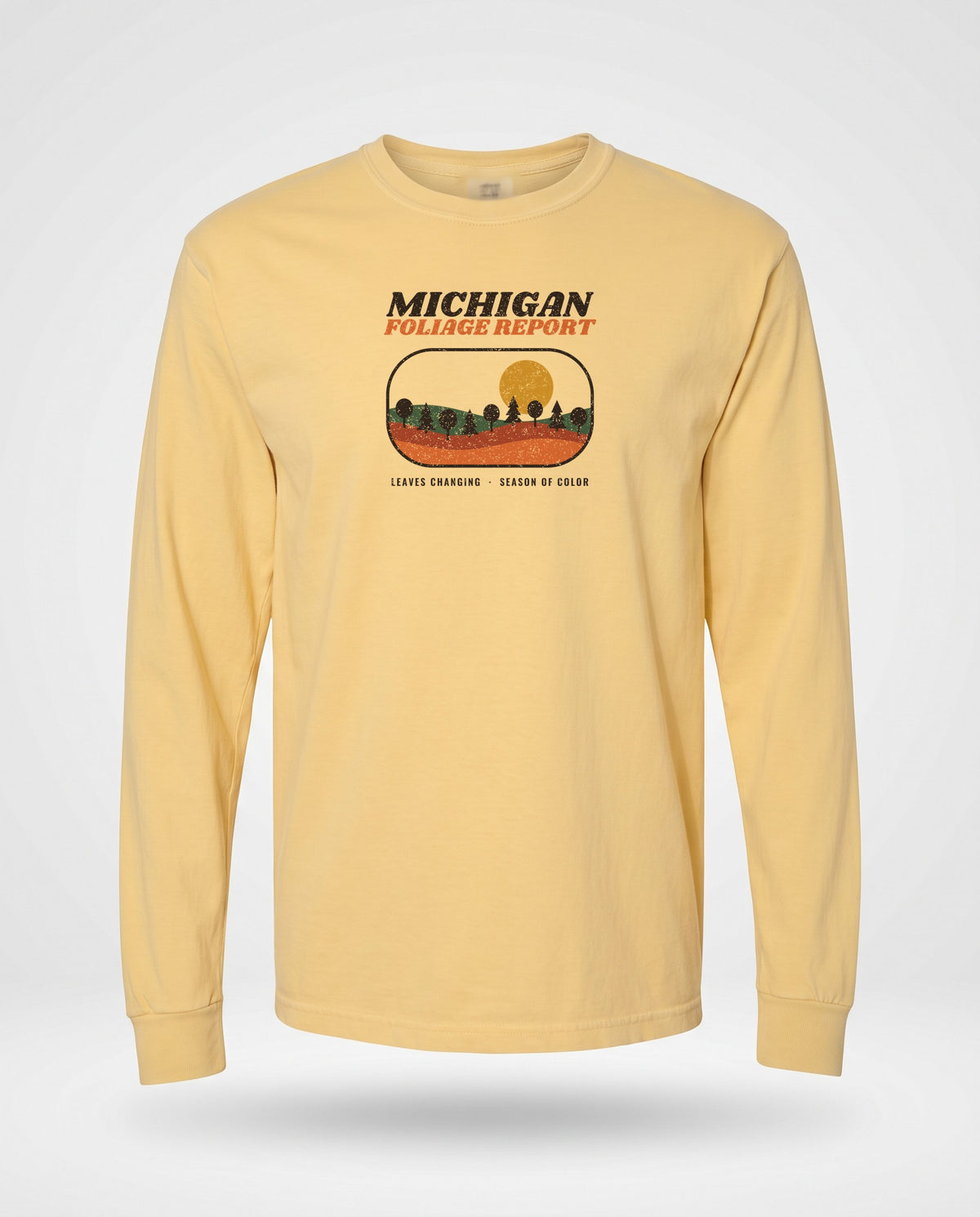 Michigan Foliage Report Retro Landscape Long Sleeve Tee — Butter (mockup)