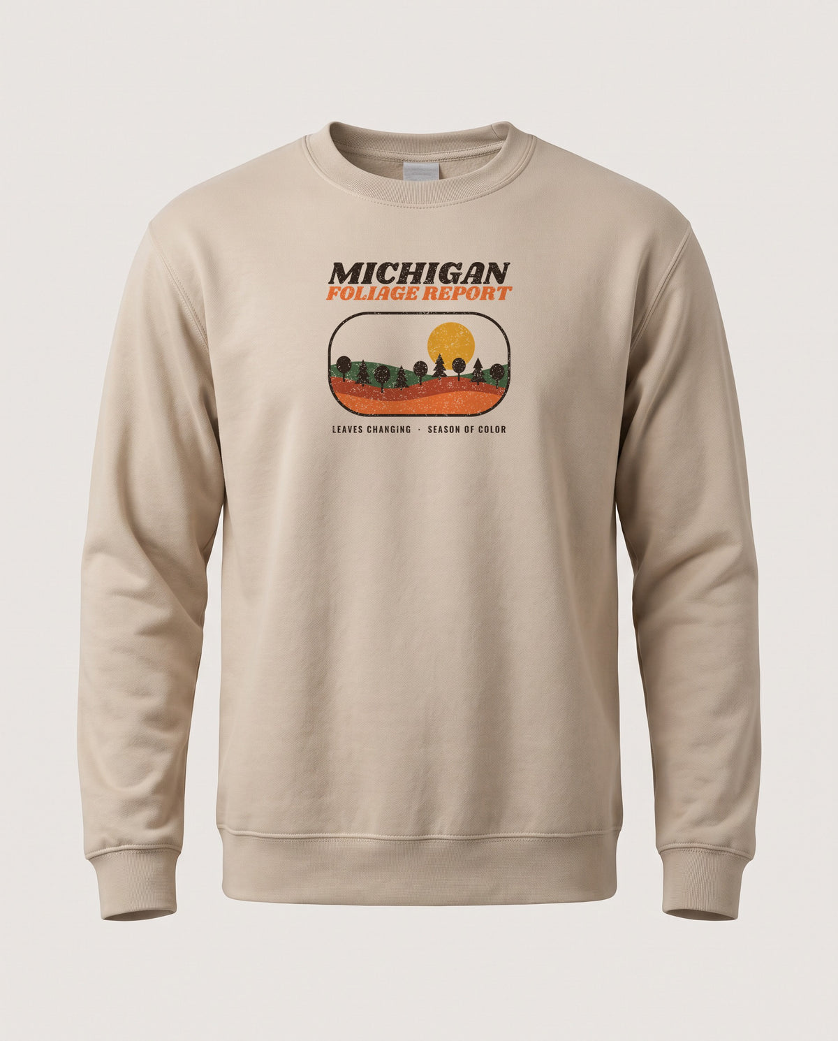 Michigan Foliage Report Retro Landscape Crewneck Sweatshirt — Sand (mockup)