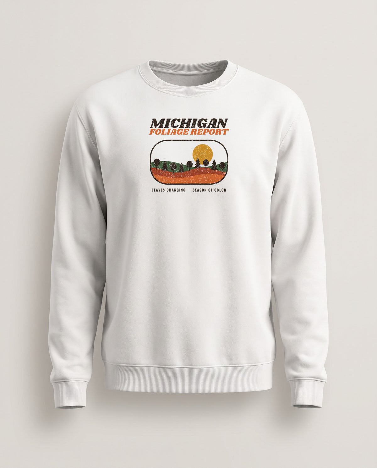 Michigan Foliage Report Retro Landscape Crewneck Sweatshirt — White (mockup)