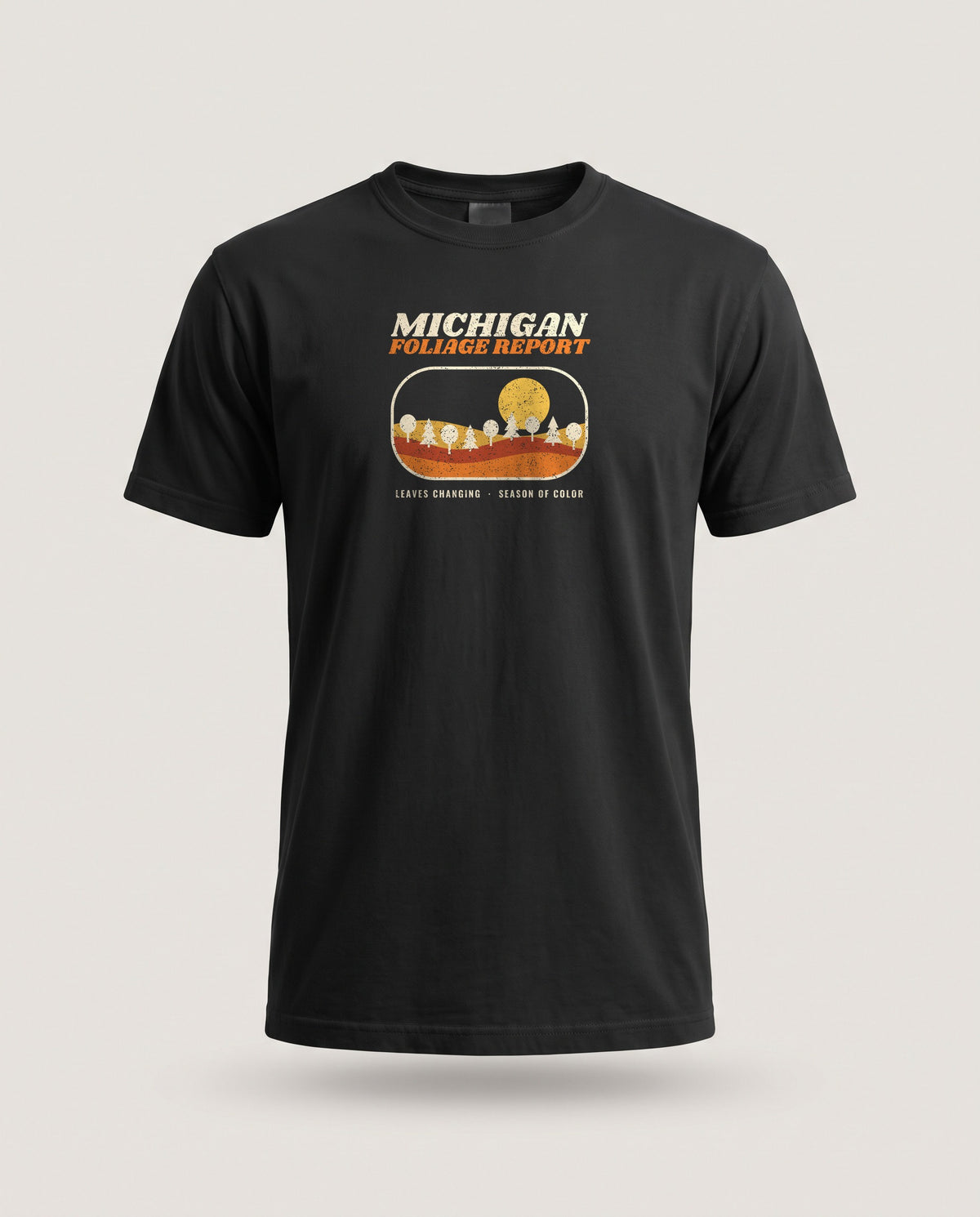 Michigan Foliage Report Retro Landscape T-Shirt — Black (mockup)