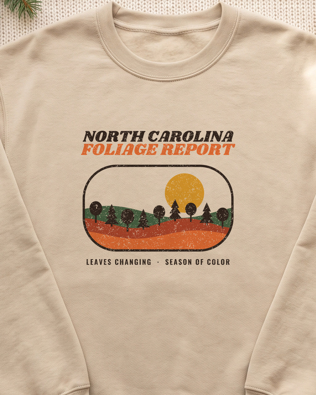 North Carolina Foliage Report Retro Landscape Crewneck Sweatshirt (close-up)