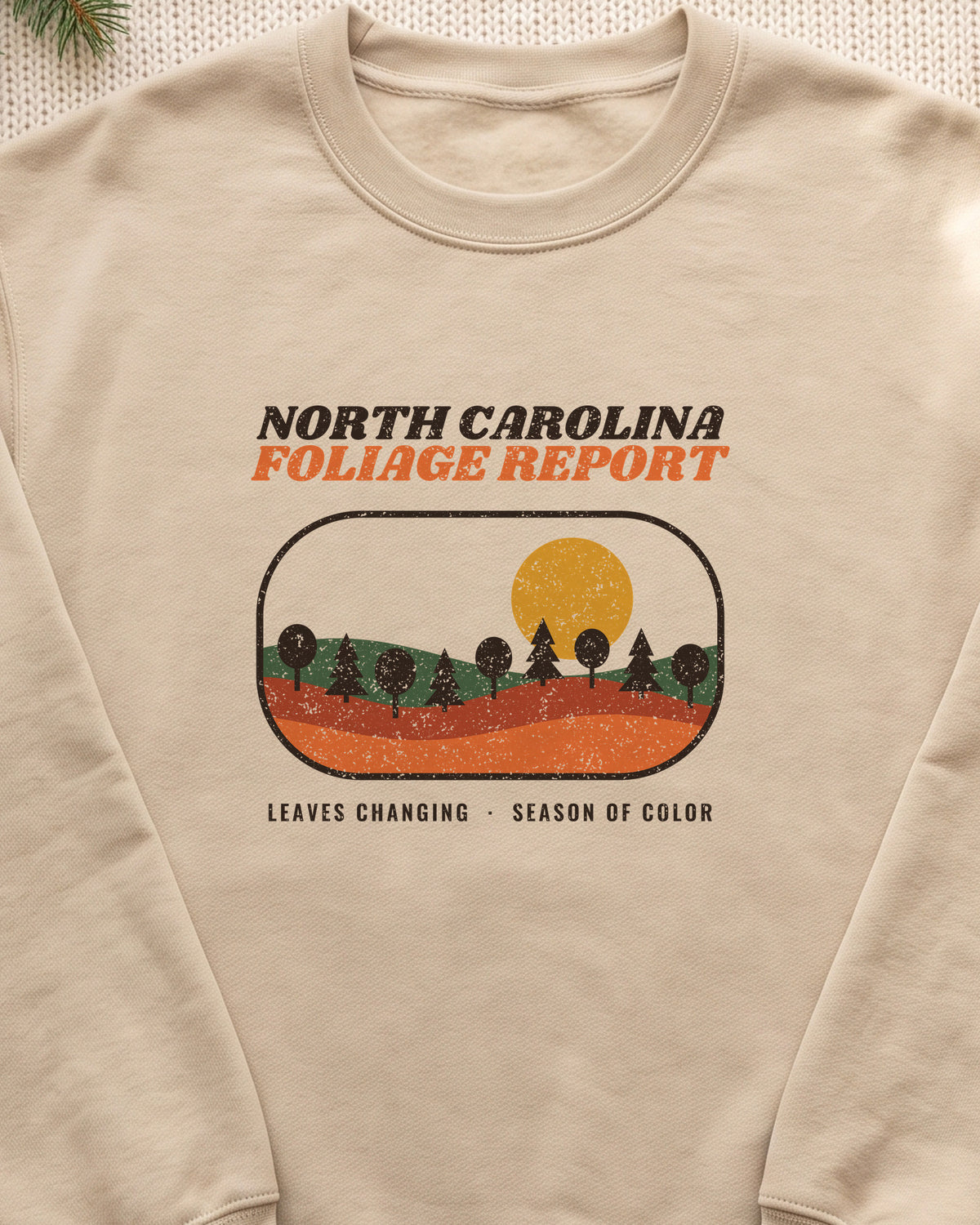 North Carolina Foliage Report Retro Landscape Crewneck Sweatshirt (close-up)