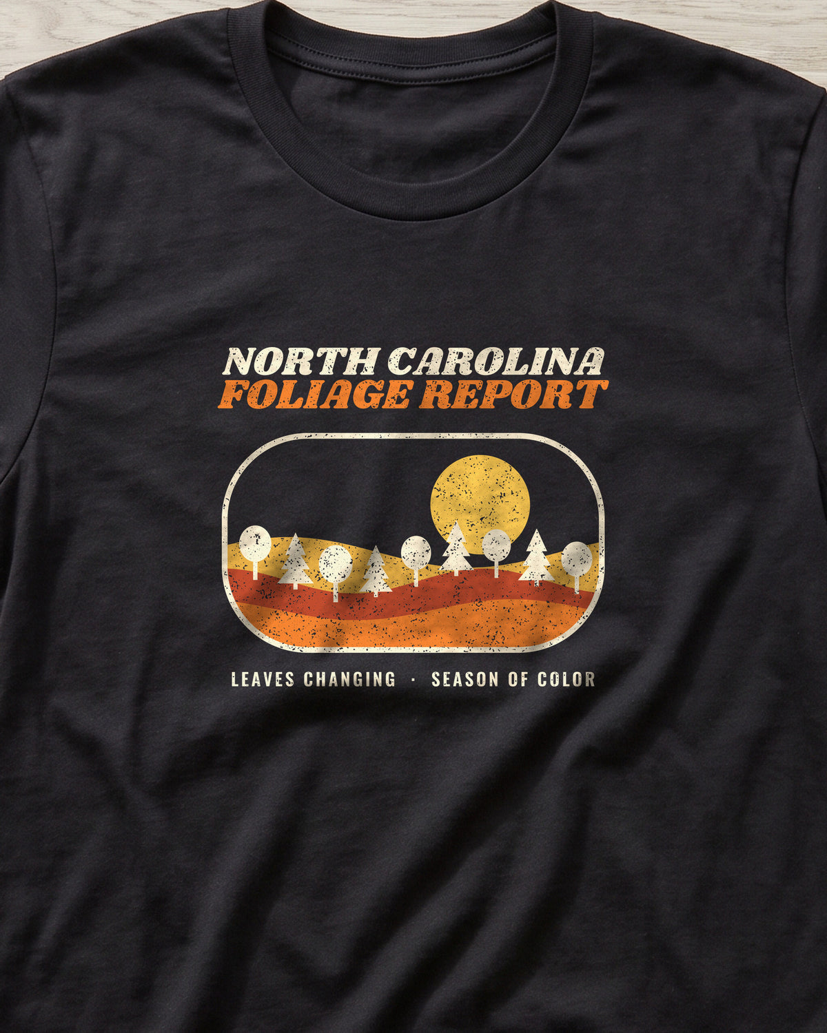 North Carolina Foliage Report Retro Landscape T-Shirt (close-up)