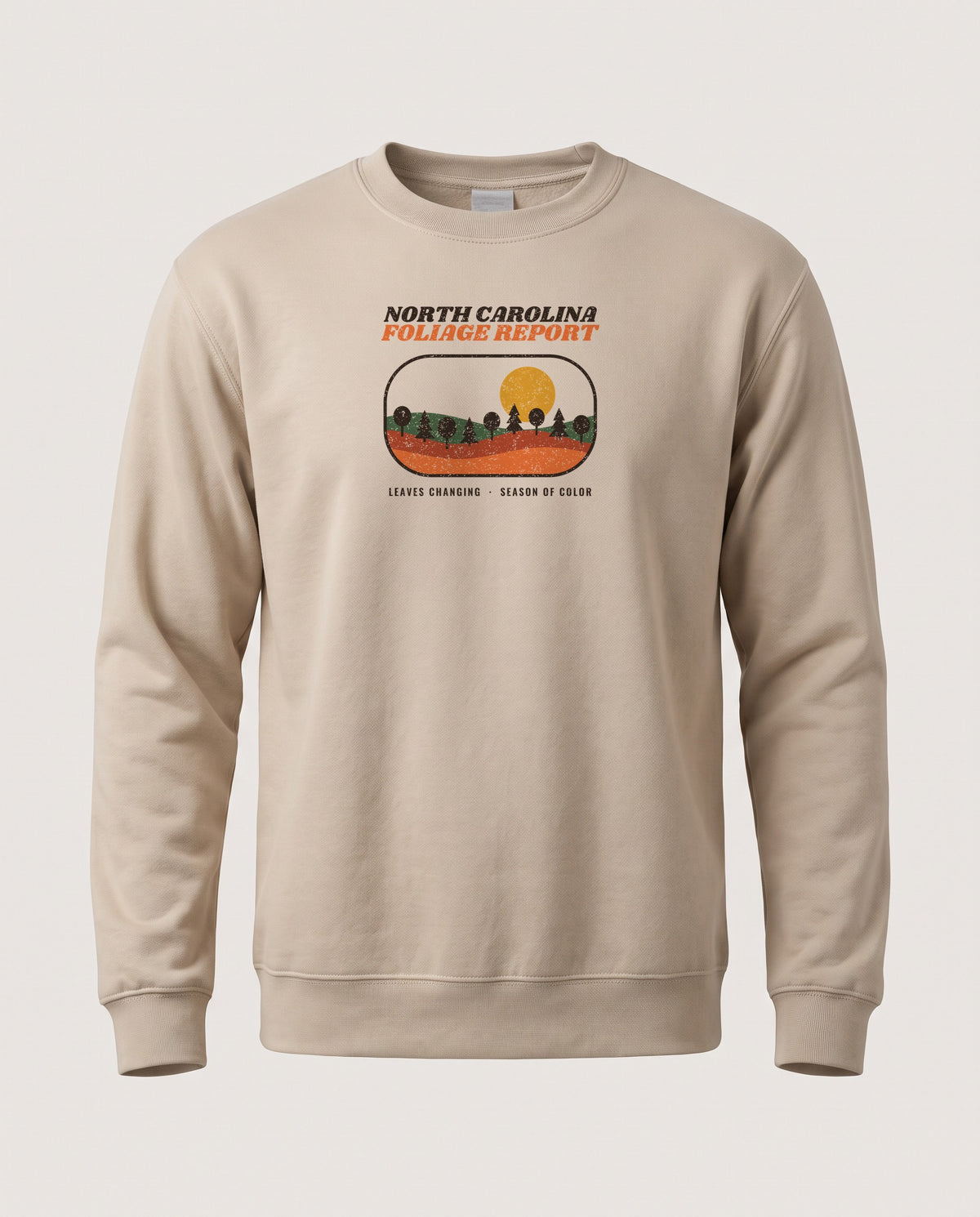 North Carolina Foliage Report Retro Landscape Crewneck Sweatshirt — Sand (mockup)