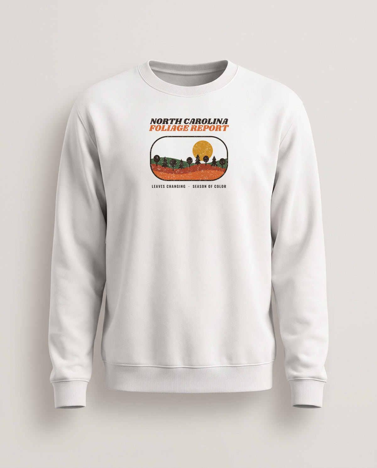 North Carolina Foliage Report Retro Landscape Crewneck Sweatshirt — White (mockup)