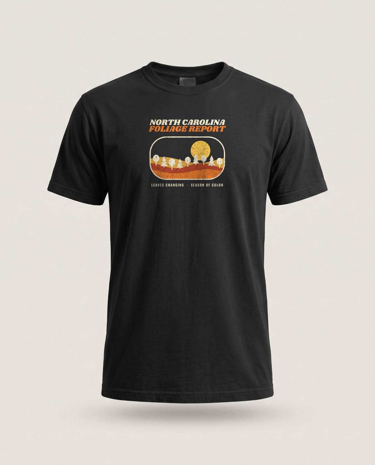 North Carolina Foliage Report Retro Landscape T-Shirt — Black (mockup)