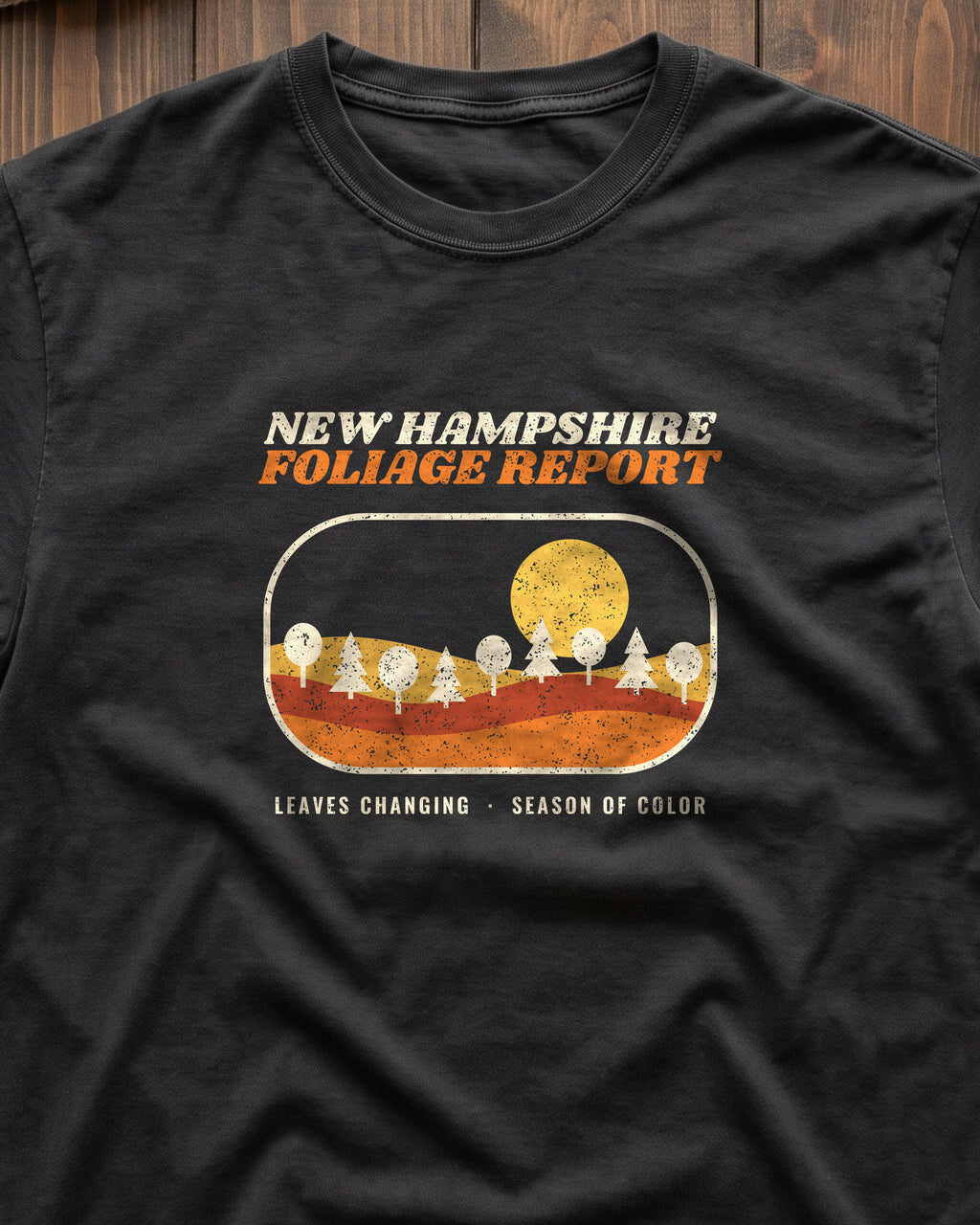 New Hampshire Foliage Report Retro Landscape T-Shirt (close-up)