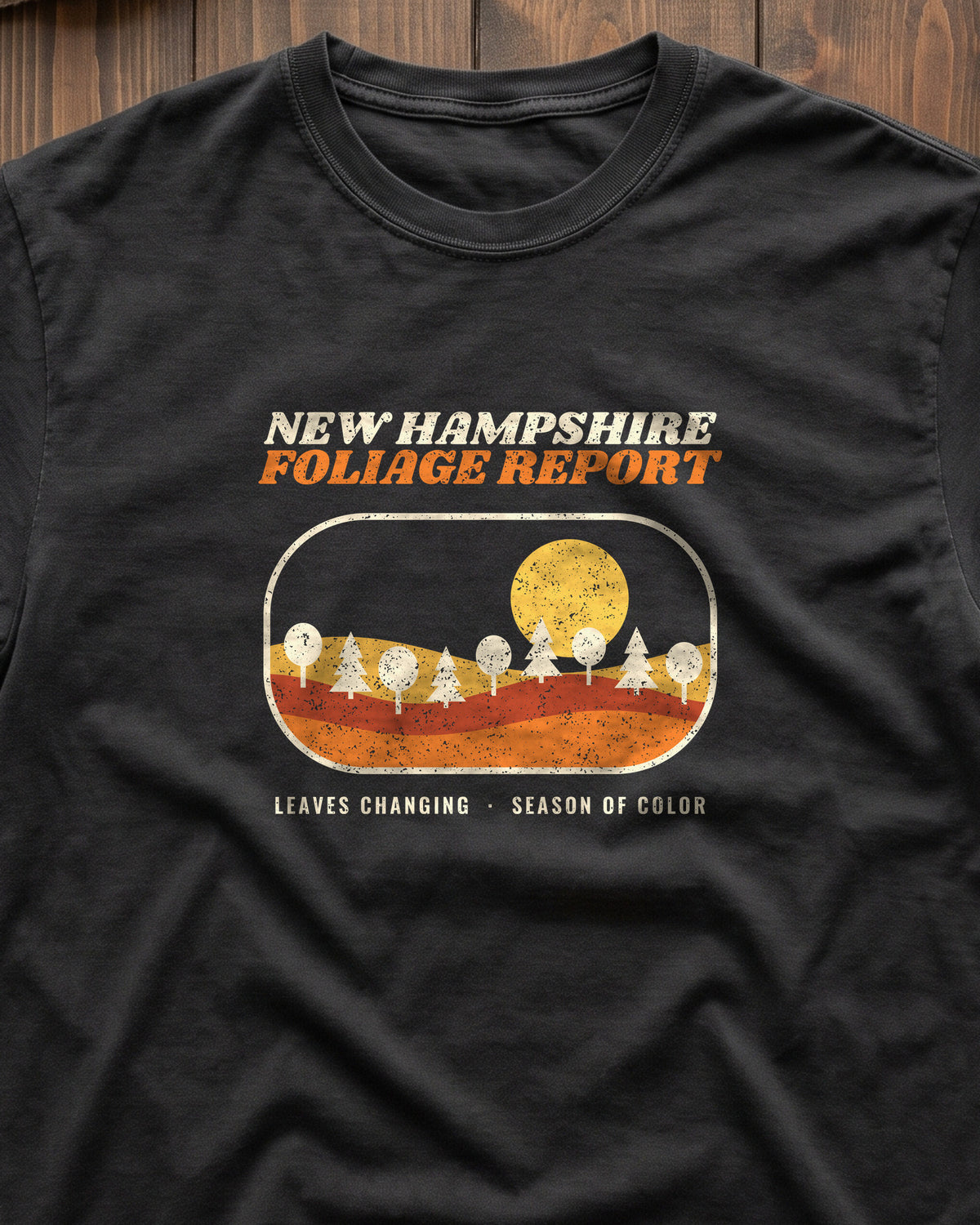 New Hampshire Foliage Report Retro Landscape T-Shirt (close-up)