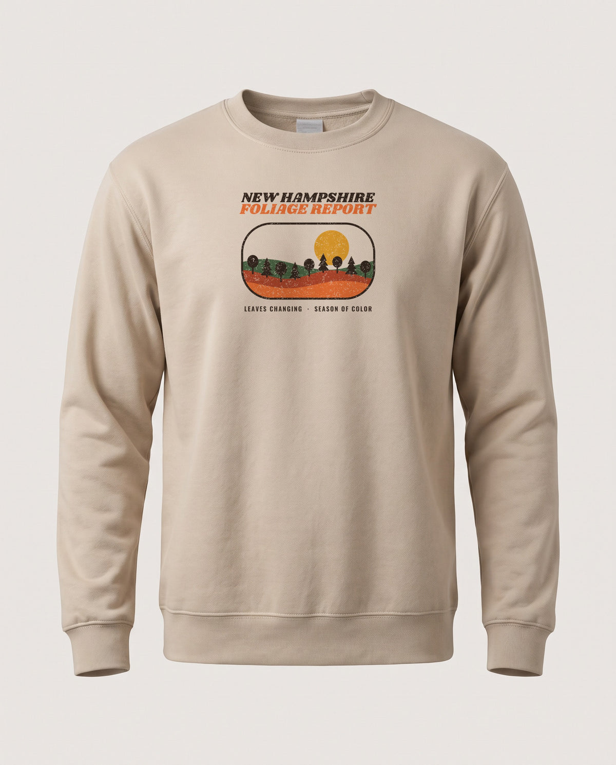 New Hampshire Foliage Report Retro Landscape Crewneck Sweatshirt — Sand (mockup)