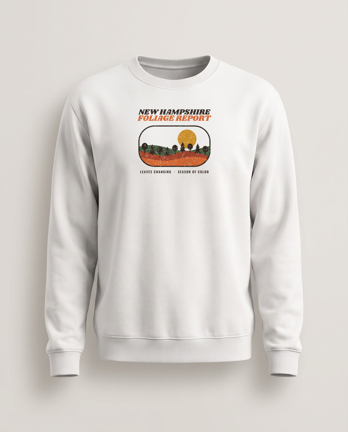 New Hampshire Foliage Report Retro Landscape Crewneck Sweatshirt — White (mockup)