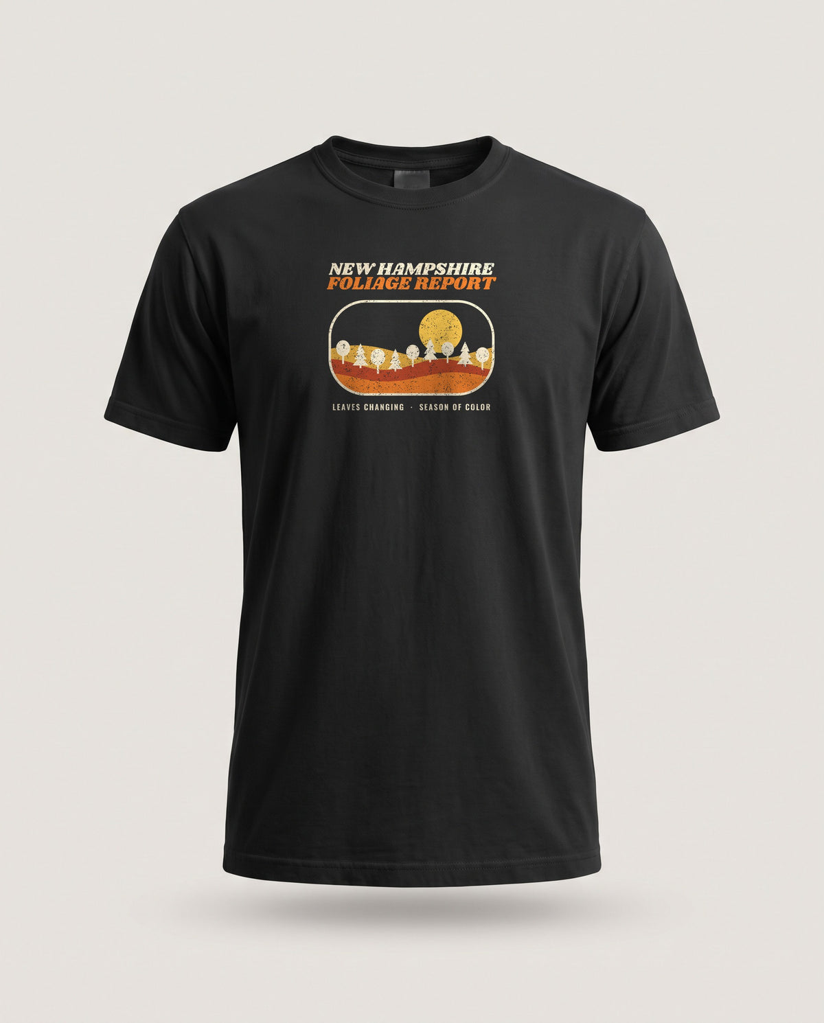 New Hampshire Foliage Report Retro Landscape T-Shirt — Black (mockup)